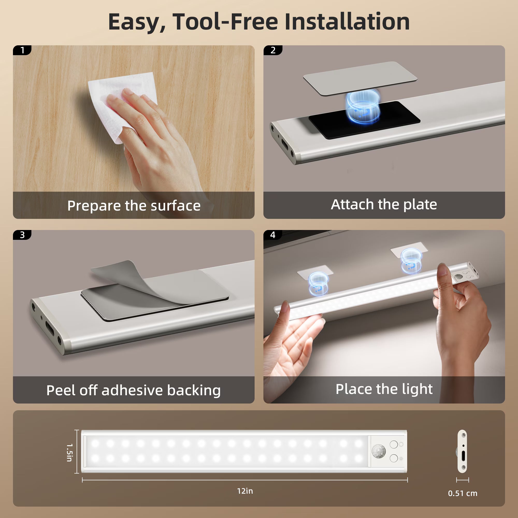 Under Cabinet Lighting 12 inches, 80 LED Motion Sensor Light Indoor, 2200mAh Battery Operated Rechargeable Closet Lights, 3 Color Dimmable Magnetic Wireless Under Counter Lights for Kitchen - 2 Pack