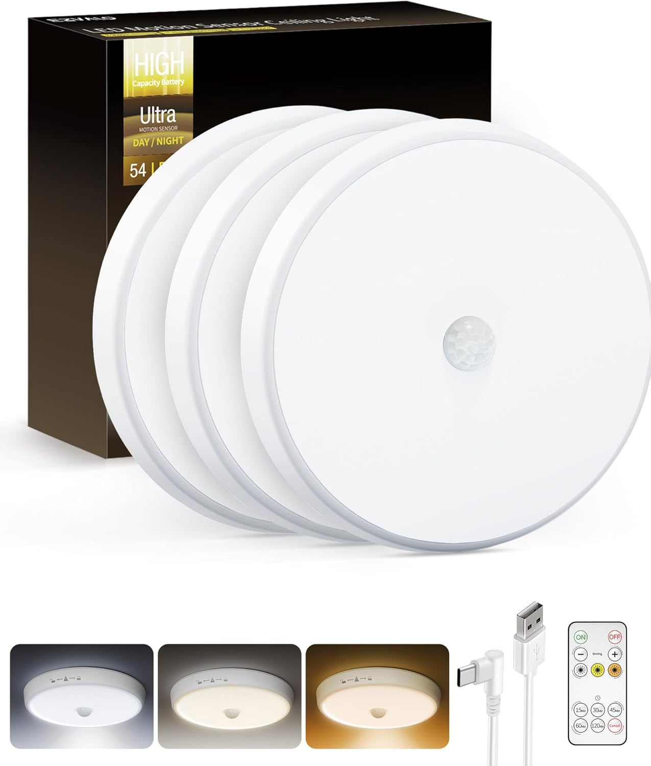 Motion Sensor Light Indoor, 2-Pack, 10000mAh, 7.1inch, 400LM, Remote Control, Dimmable, LED, Flush Mount, Wireless, Rechargeable, Battery Operated, Cordless, Ceiling Light, Closet Light, No Wiring