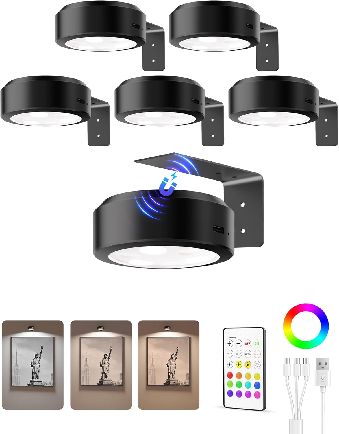 EZVALO Picture Lights for Wall, 2000mAh Rechargeable Battery Magnetic Poster Lights with 3 Color Temps & 12 RGB, Remote Dimmable Timer Painting Light, Wall Decor Light for Art Display, Frame (6 Pack)