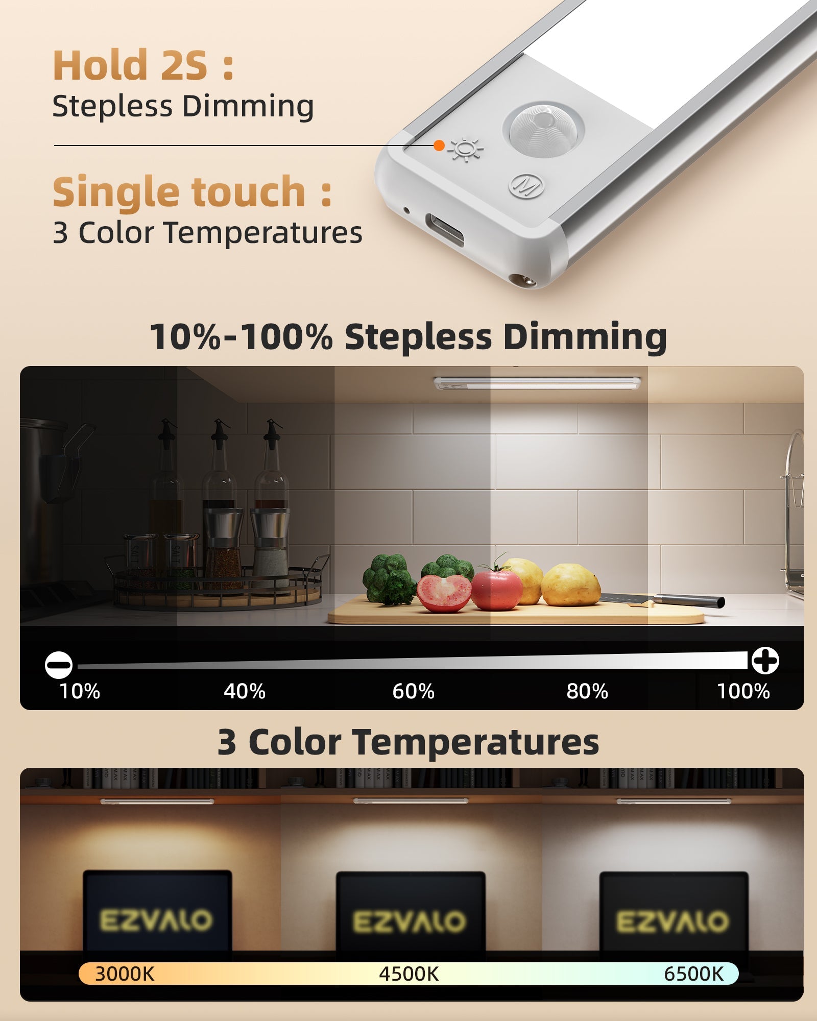 EZVALO 11.8-inch Under Cabinet Lighting, 3 Color Temperatures, 2400 mAh Rechargeable Motion Sensor Light Indoor, LED Magnetic Wireless Light with Dimmable for Kitchen, Stairs, Pantry, Closet - EZVALO