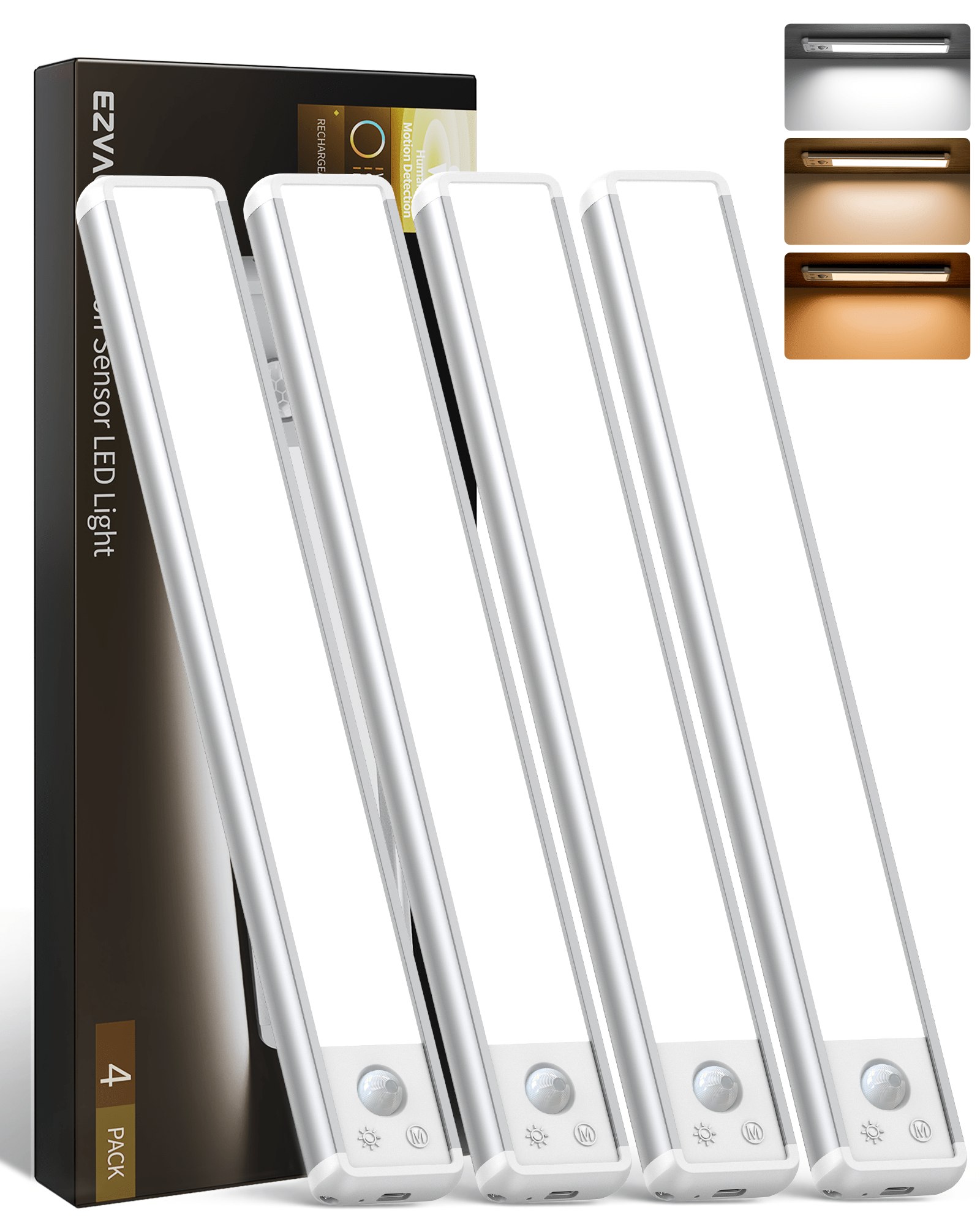 EZVALO 11.8-inch Under Cabinet Lighting, 3 Color Temperatures, 2400 mAh Rechargeable Motion Sensor Light Indoor, LED Magnetic Wireless Light with Dimmable for Kitchen, Stairs, Pantry, Closet - EZVALO