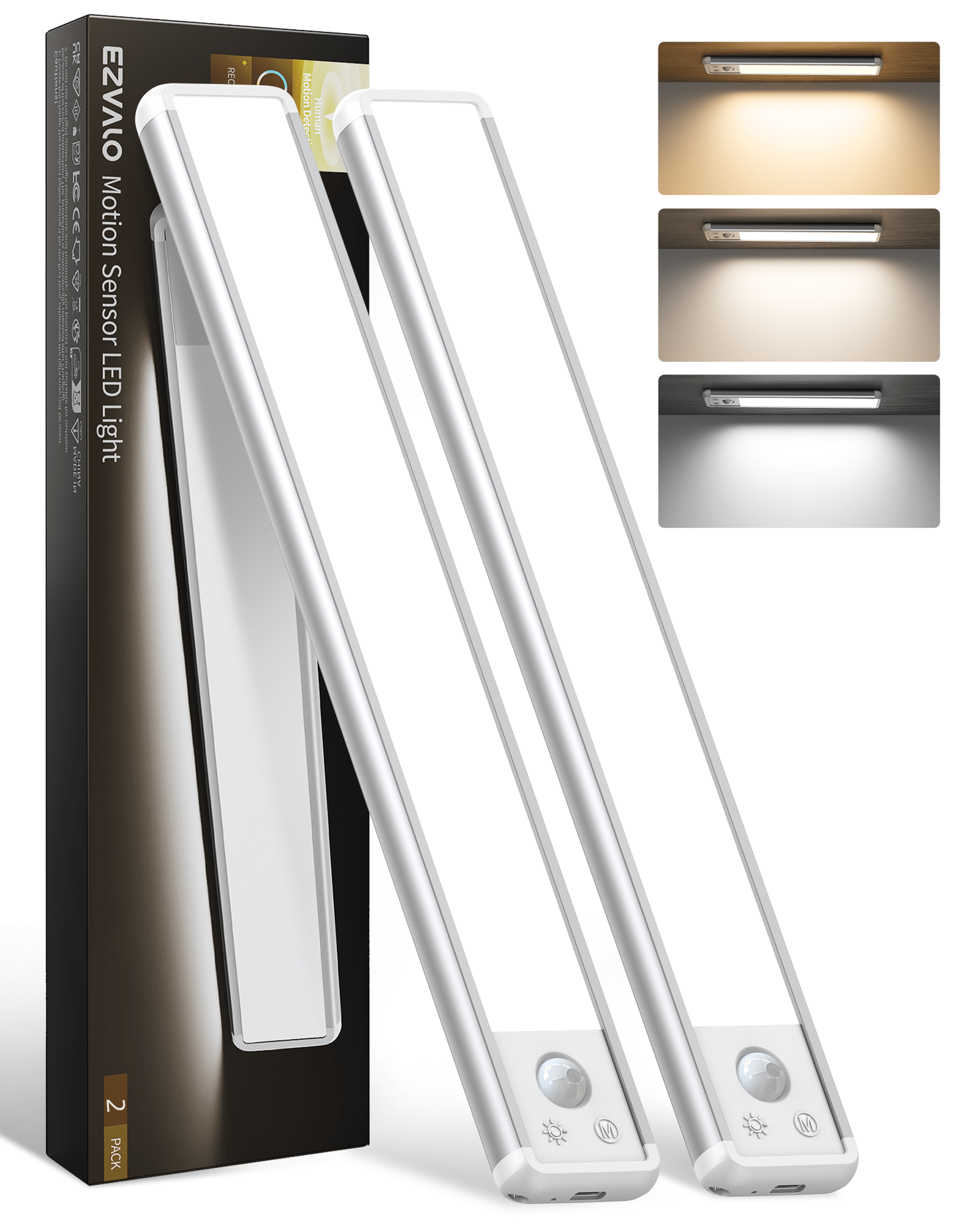 EZVALO 11.8-inch Under Cabinet Lighting, 3 Color Temperatures, 2400 mAh Rechargeable Motion Sensor Light Indoor, LED Magnetic Wireless Light with Dimmable for Kitchen, Stairs, Pantry, Closet - EZVALO