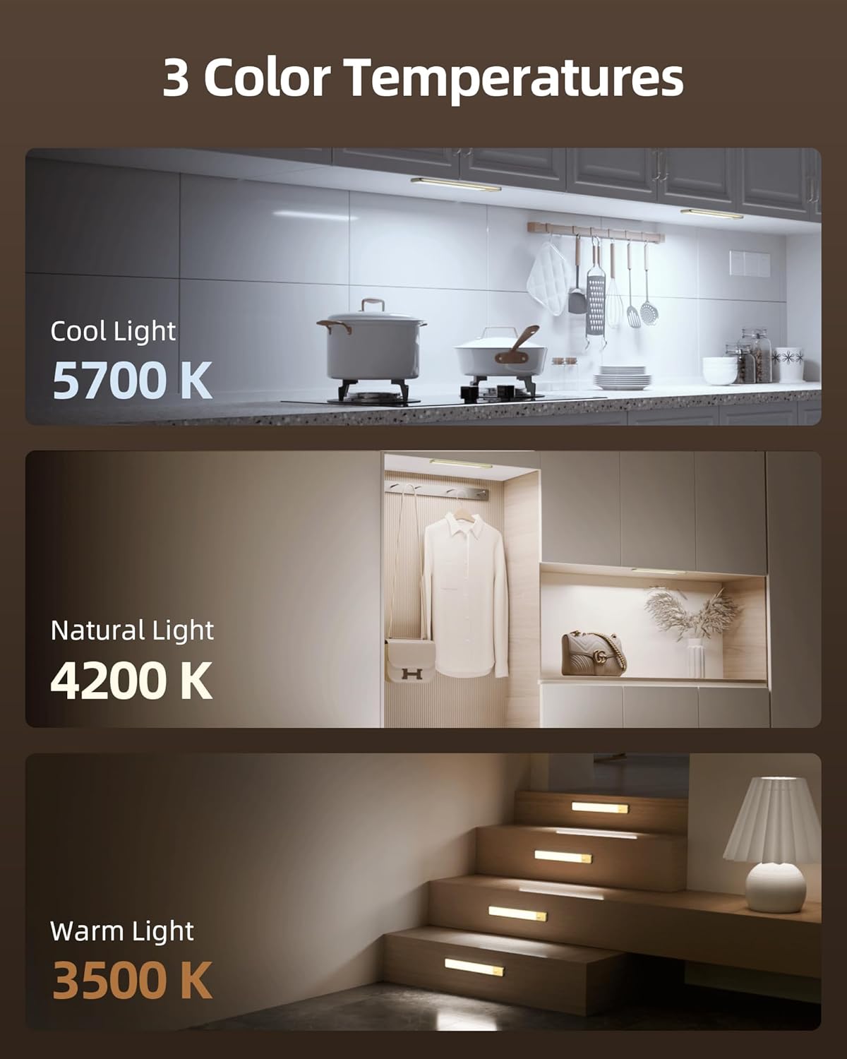 EZVALO 11.8 - inch Under Cabinet Lighting, 3 Color Temperatures, Rechargeable Motion Sensor Light Indoor, LED Magnetic Lights with Dimmable for Kitchen, Stairs, Pantry, Closet - EZVALO