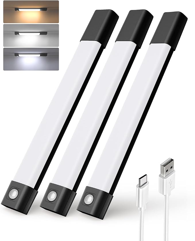 EZVALO 3 Pack 7” Motion Sensor Light Indoor, Wireless Under Cabinet Lighting, 30 LED Rechargeable Closet Lights, Dimmable, 3 Color Temperatures, Counter Lights for Wardrobe, Pantry, Bedroom, Kitchen - EZVALO
