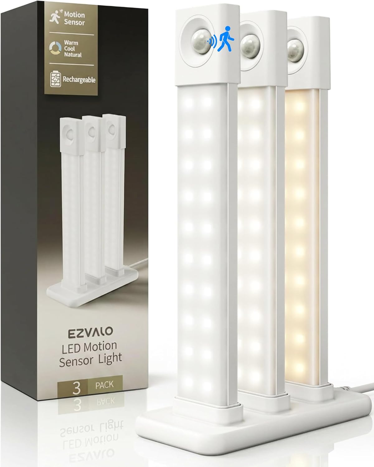 EZVALO 3 Pack 8” Motion Sensor Light Indoor, Wireless Under Cabinet Lighting, 30 LED Rechargeable Closet Lights, Dimmable, 3 Color Temperatures, Counter Lights for Wardrobe, Pantry, Bedroom, Kitchen - EZVALO