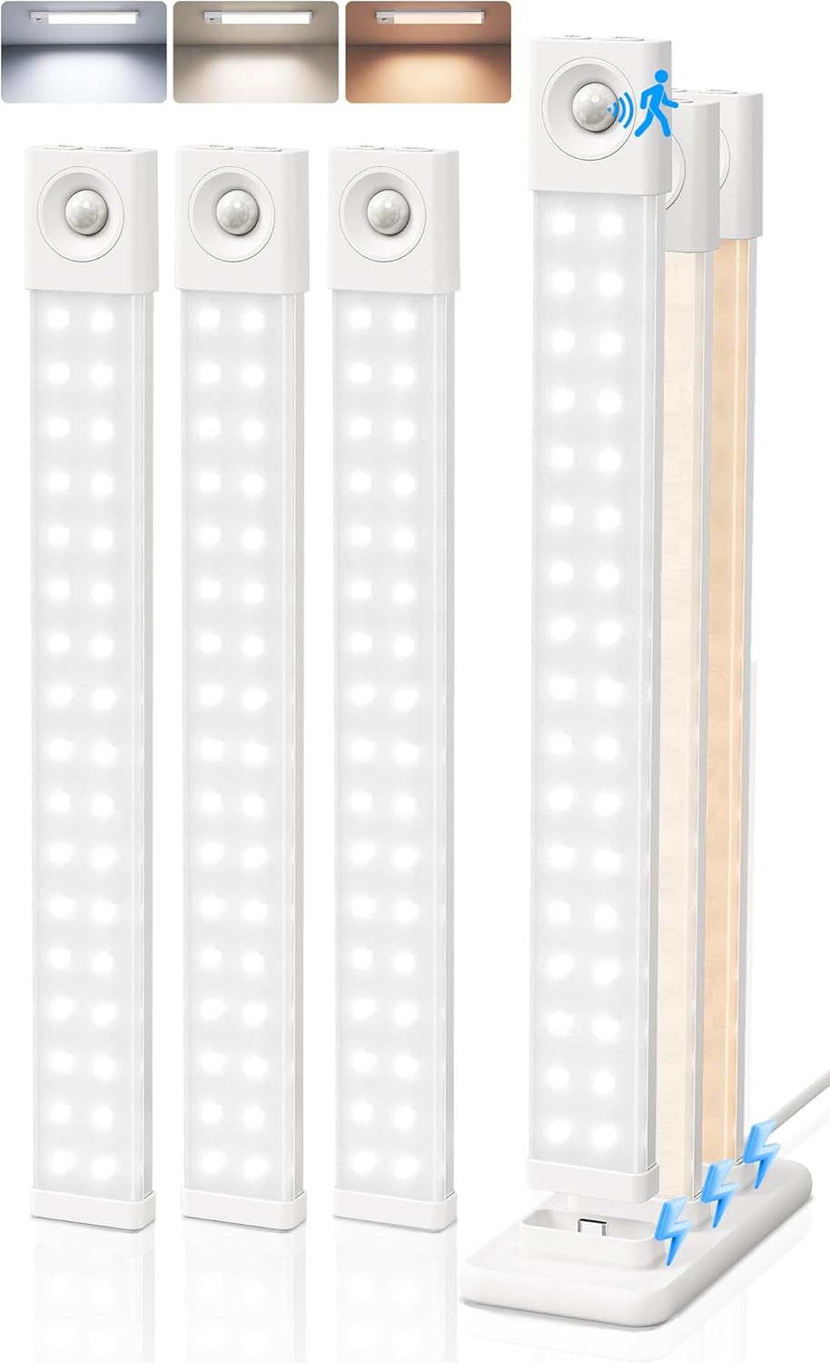 EZVALO 3 Pack 8” Motion Sensor Light Indoor, Wireless Under Cabinet Lighting, 30 LED Rechargeable Closet Lights, Dimmable, 3 Color Temperatures, Counter Lights for Wardrobe, Pantry, Bedroom, Kitchen - EZVALO