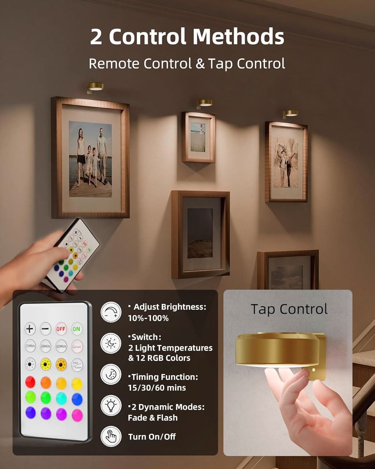 EZVALO 3 Pack Picture Lights, 2000mAh Rechargeable Magnetic Wall Lights, 15 Colors RGB+3 Modes, Dimmable Remote Timer, Wireless Art Display Lights for Paintings & Frames - EZVALO