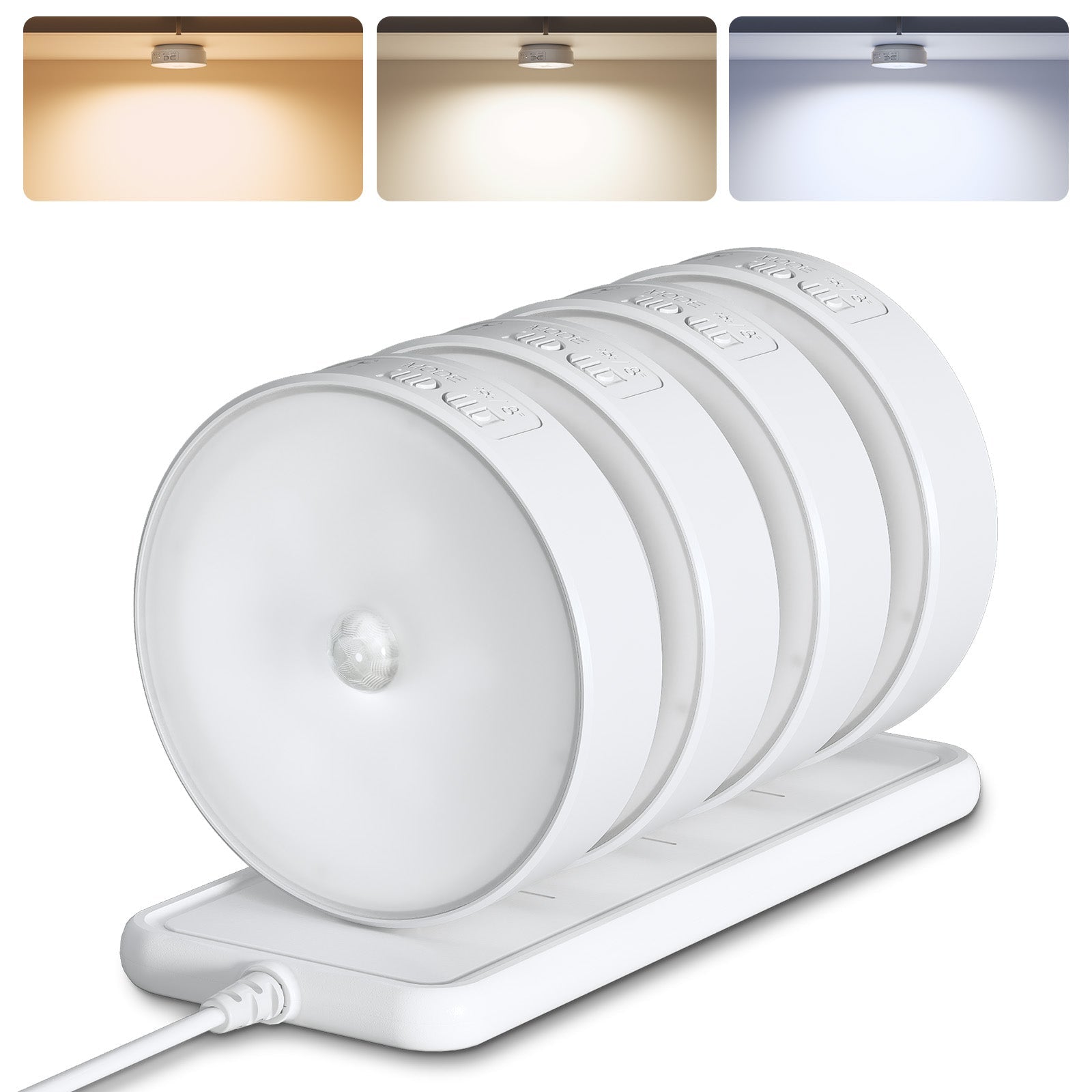 EZVALO 4 Pack Motion Sensor Closet Lights, 1200mAh USB - C Rechargeable LED Puck Lights, Under Cabinet Lights, Night Lights, Dimmable, 3 Color Temps, Magnetic, Stick - On for Closet, Stairs, Cabinets - EZVALO
