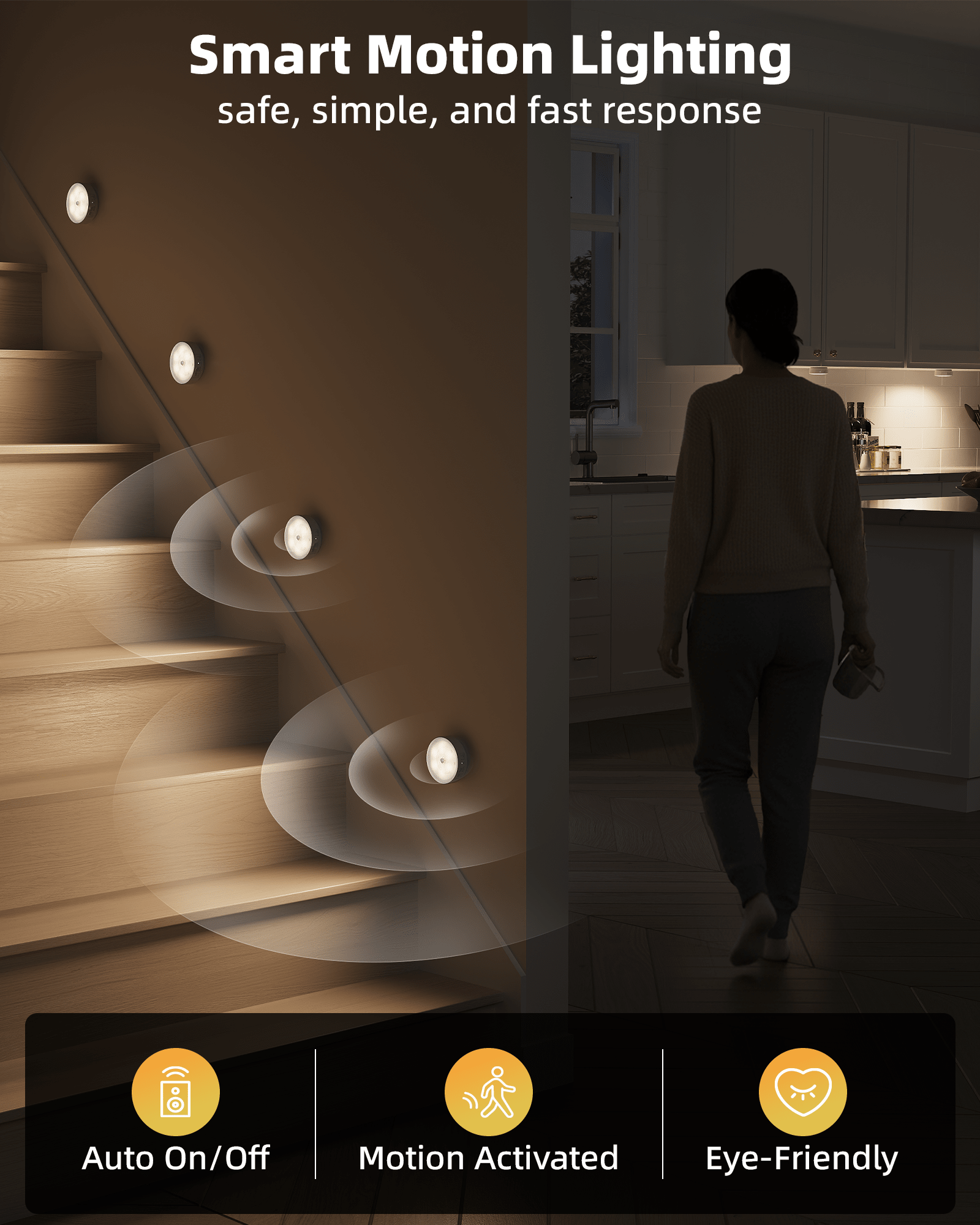 EZVALO 4 Pack Motion Sensor Closet Lights, 1200mAh USB - C Rechargeable LED Puck Lights, Under Cabinet Lights, Night Lights, Dimmable, 3 Color Temps, Magnetic, Stick - On for Closet, Stairs, Cabinets - EZVALO