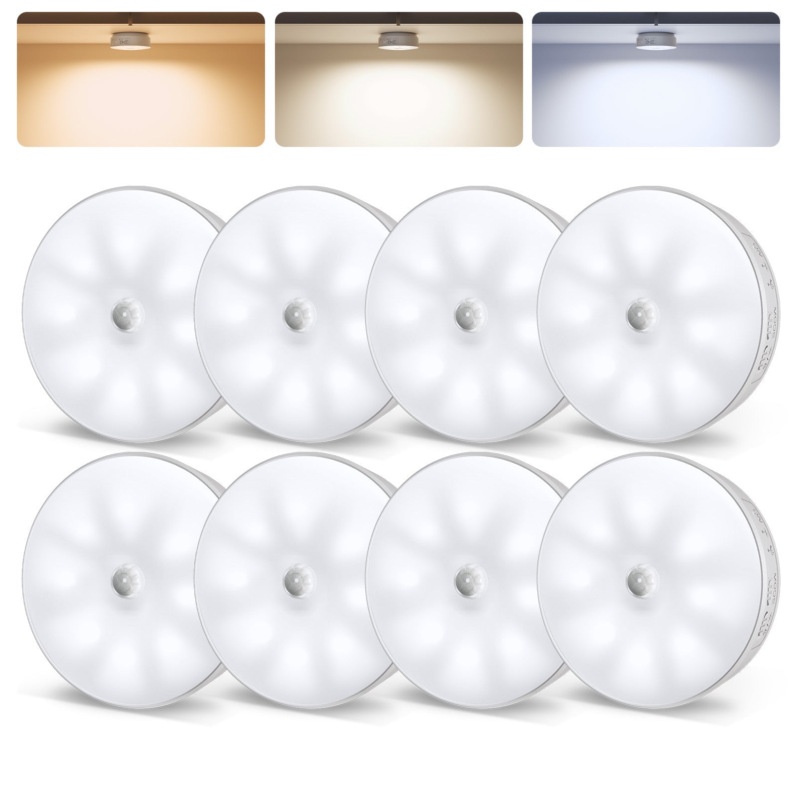 EZVALO 4 Pack Motion Sensor Closet Lights, 1200mAh USB - C Rechargeable LED Puck Lights, Under Cabinet Lights, Night Lights, Dimmable, 3 Color Temps, Magnetic, Stick - On for Closet, Stairs, Cabinets - EZVALO