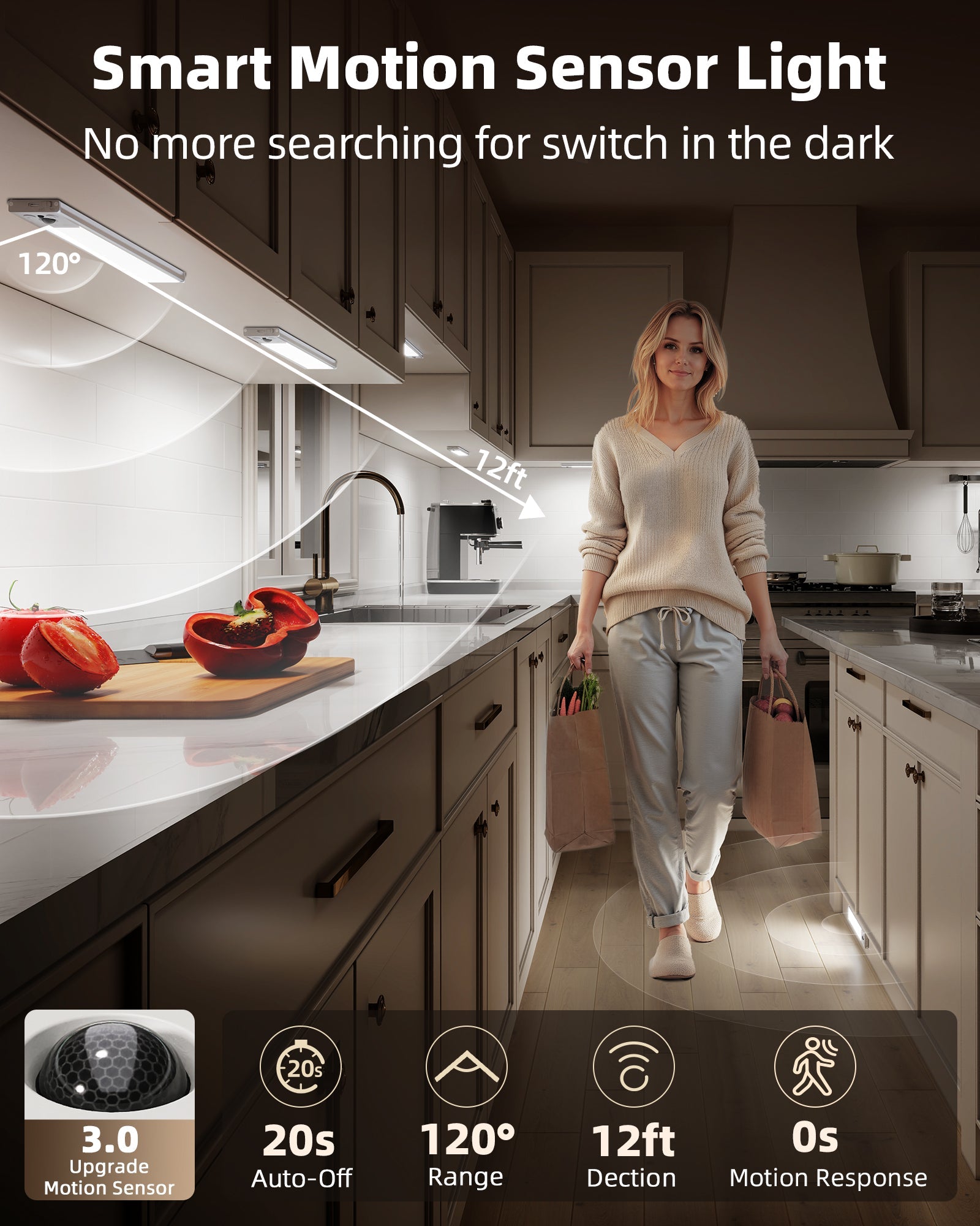 EZVALO 5 - Pack Under Cabinet Lighting, 2400mAh Rechargeable Motion Sensor Light, 10inch Magnetic Closet Lights with Dimmable & 3 Color Temps, Wireless Motion Activated Lights with Remote for Kitchen - EZVALO