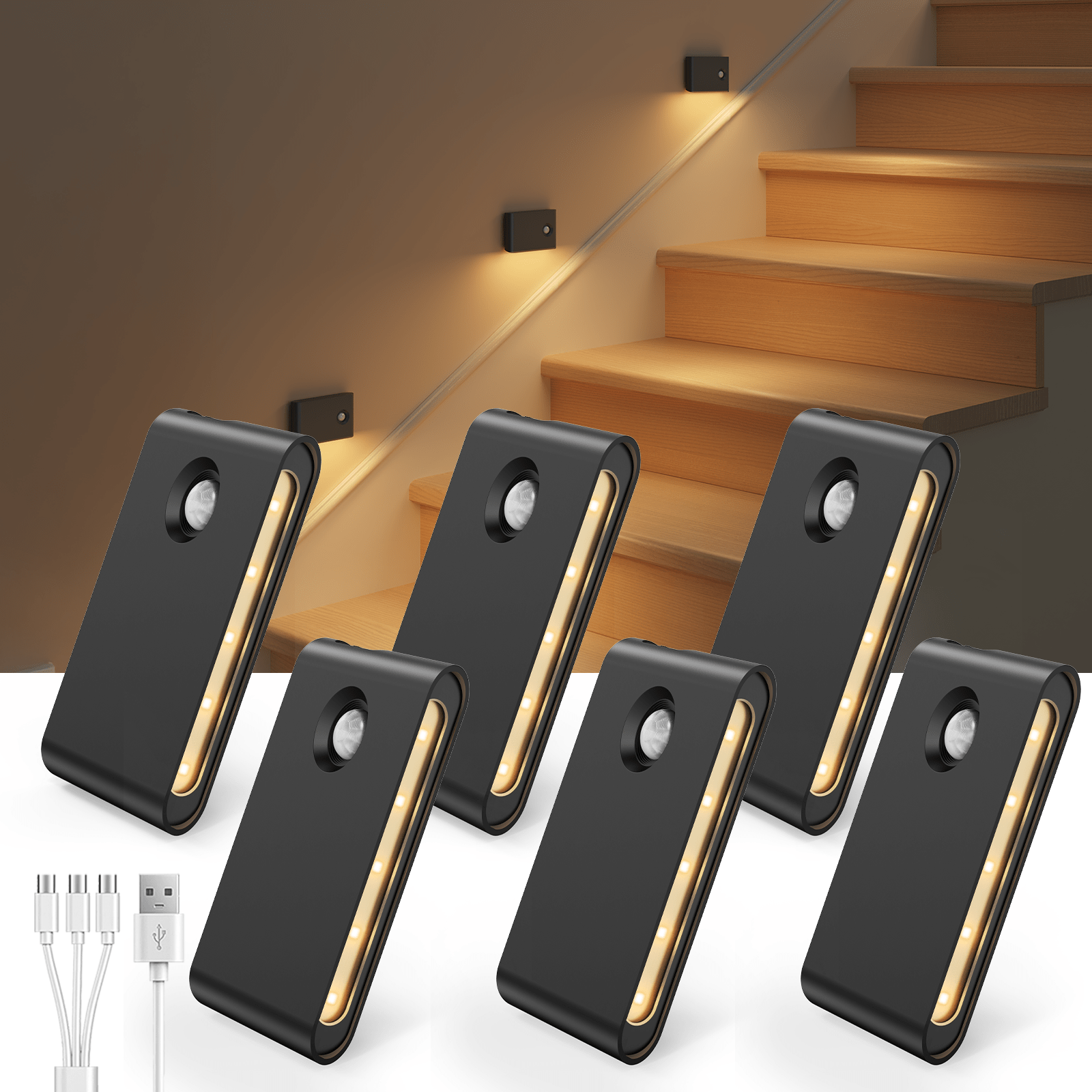 EZVALO 6 Pack Motion Sensor Night Lights, Sync LED Stair Lights Indoor, 1500mAh Rechargeable, Magnetic & Dimmable, 3000K Soft White, Portable Nightlight for Hallway, Stairs, Bathroom, Bedroom - EZVALO