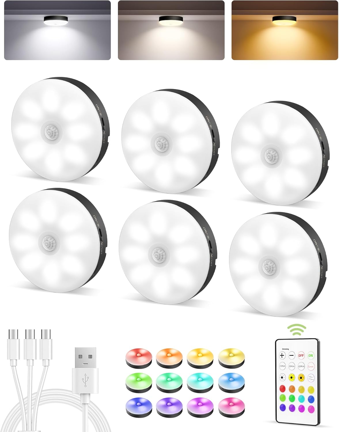 EZVALO 6 - Pack Under Cabinet Lighting, Rechargeable Motion Sensor Puck Lights with Remote, 3 Color Temps &12 RGB Colors, Magnetic Stick on Light, Dimmable Under Counter Lights for Kitchen, Shelf, Stair - EZVALO