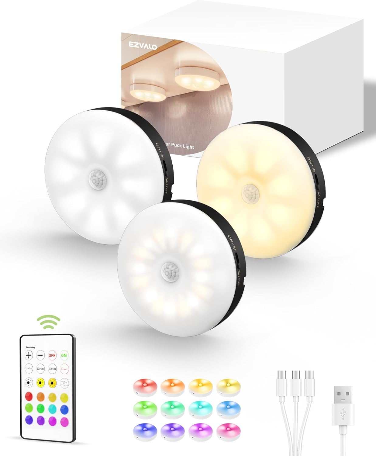 EZVALO 6 - Pack Under Cabinet Lighting, Rechargeable Motion Sensor Puck Lights with Remote, 3 Color Temps &12 RGB Colors, Magnetic Stick on Light, Dimmable Under Counter Lights for Kitchen, Shelf, Stair - EZVALO