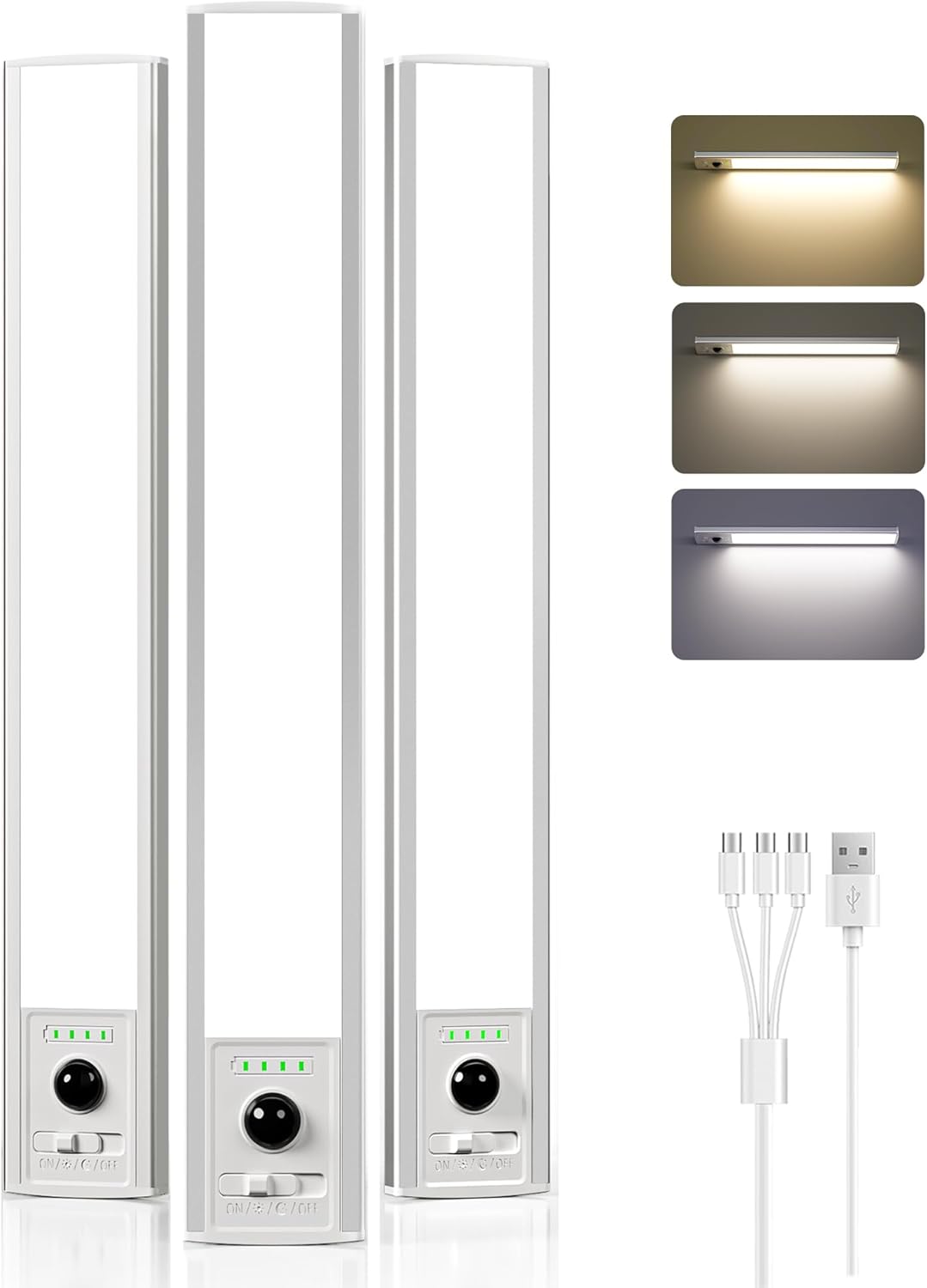 EZVALO 6 Pack Under Cabinet Lighting Wireless with Battery Indicator, 2000mAh Rechargeable Motion Sensor Light Indoor, 10inch 80 LED Under Counter Lights for Kitchen Closet, 3 Color Temps, Dimmable - EZVALO