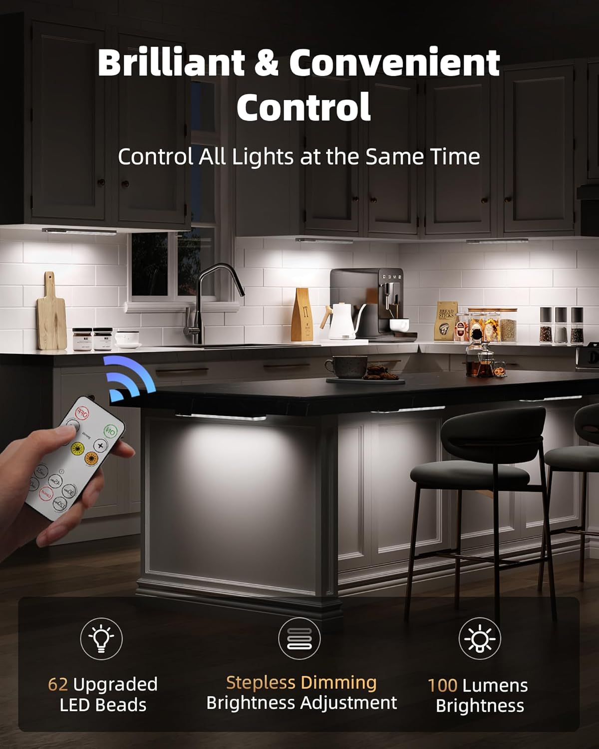 EZVALO 6 - Pack Under Cabinet Lighting with Charging Station, 2000mAh Rechargeable Wireless Motion Sensor Lights, 3 Color Temps, Dimmable, Timer, Magnetic, with Remote Control for Kitchen, Closet, Stair - EZVALO