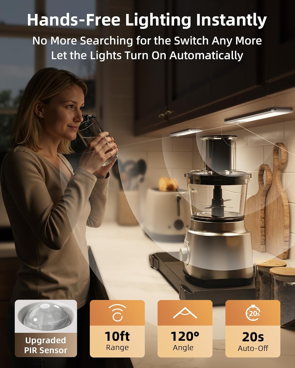 EZVALO 8" Under Cabinet Lighting, 2400mAh USB - C Rechargeable Motion Sensor Light, 3 Color Temps, 5 - Level Dimmable Magnetic Wireless Closet Lights for Kitchen, Pantry, Stairs (2 Pack) - EZVALO