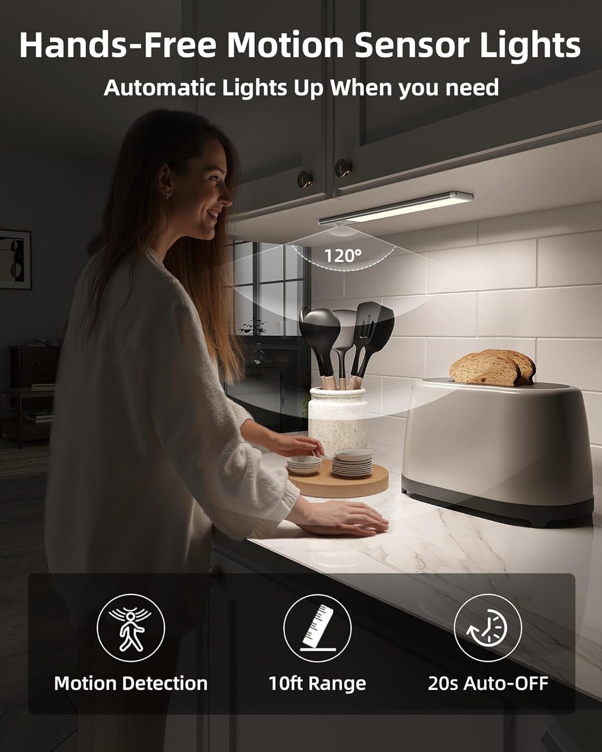 EZVALO 8" Under Cabinet Lighting, 2400mAh USB - C Rechargeable Motion Sensor Light, 3 Color Temps, 5 - Level Dimmable Magnetic Wireless Closet Lights for Kitchen, Pantry, Stairs (2 Pack) - EZVALO