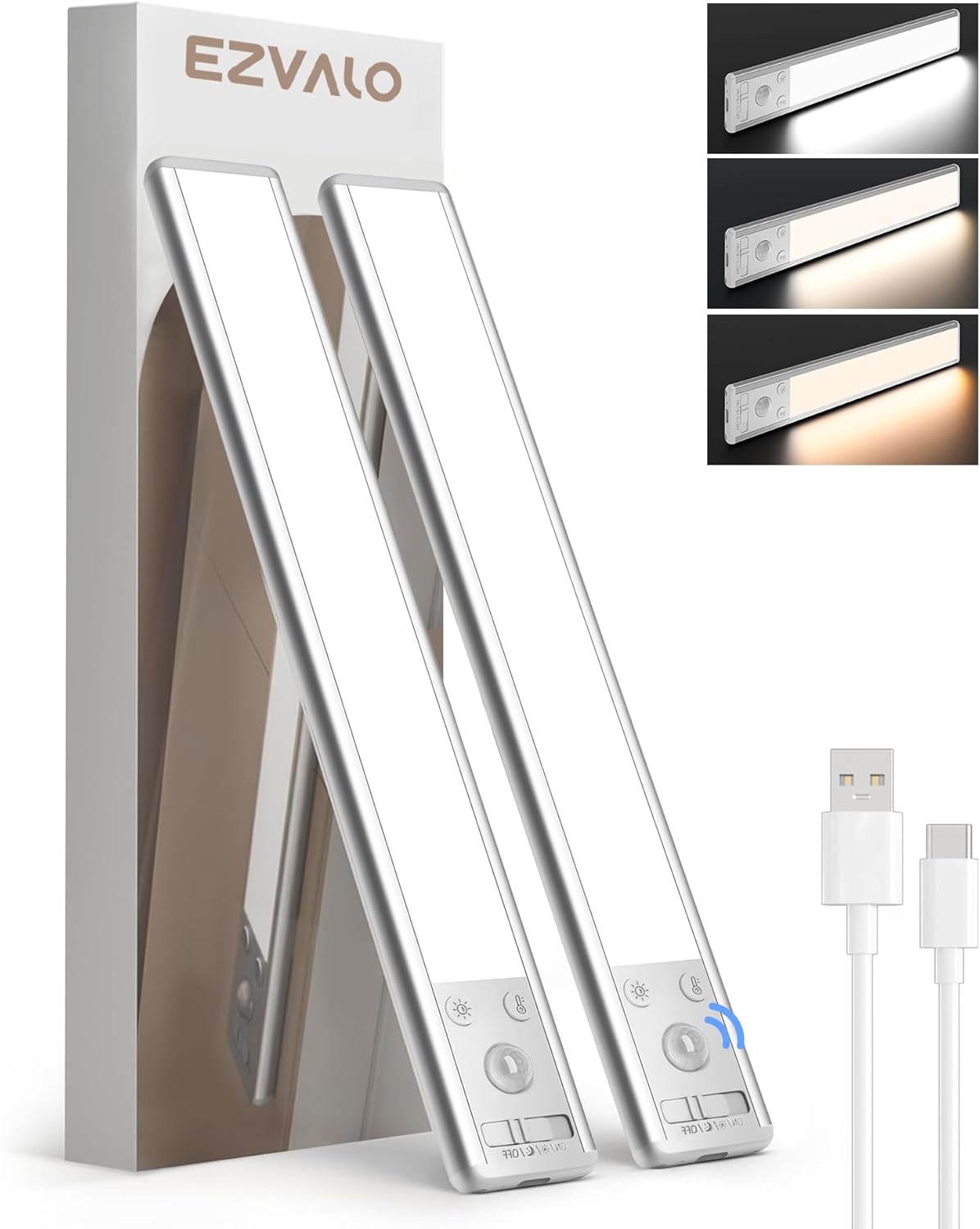 EZVALO 8" Under Cabinet Lighting, 2400mAh USB - C Rechargeable Motion Sensor Light, 3 Color Temps, 5 - Level Dimmable Magnetic Wireless Closet Lights for Kitchen, Pantry, Stairs (2 Pack) - EZVALO