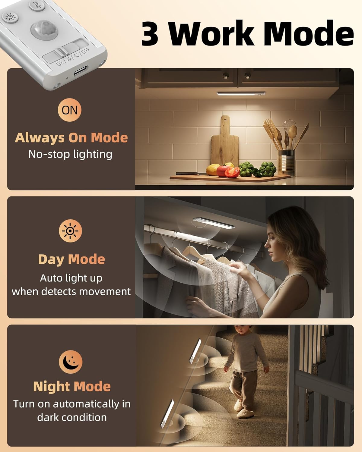 EZVALO 8" Under Cabinet Lighting, 2400mAh USB - C Rechargeable Motion Sensor Light, 3 Color Temps, 5 - Level Dimmable Magnetic Wireless Closet Lights for Kitchen, Pantry, Stairs (2 Pack) - EZVALO