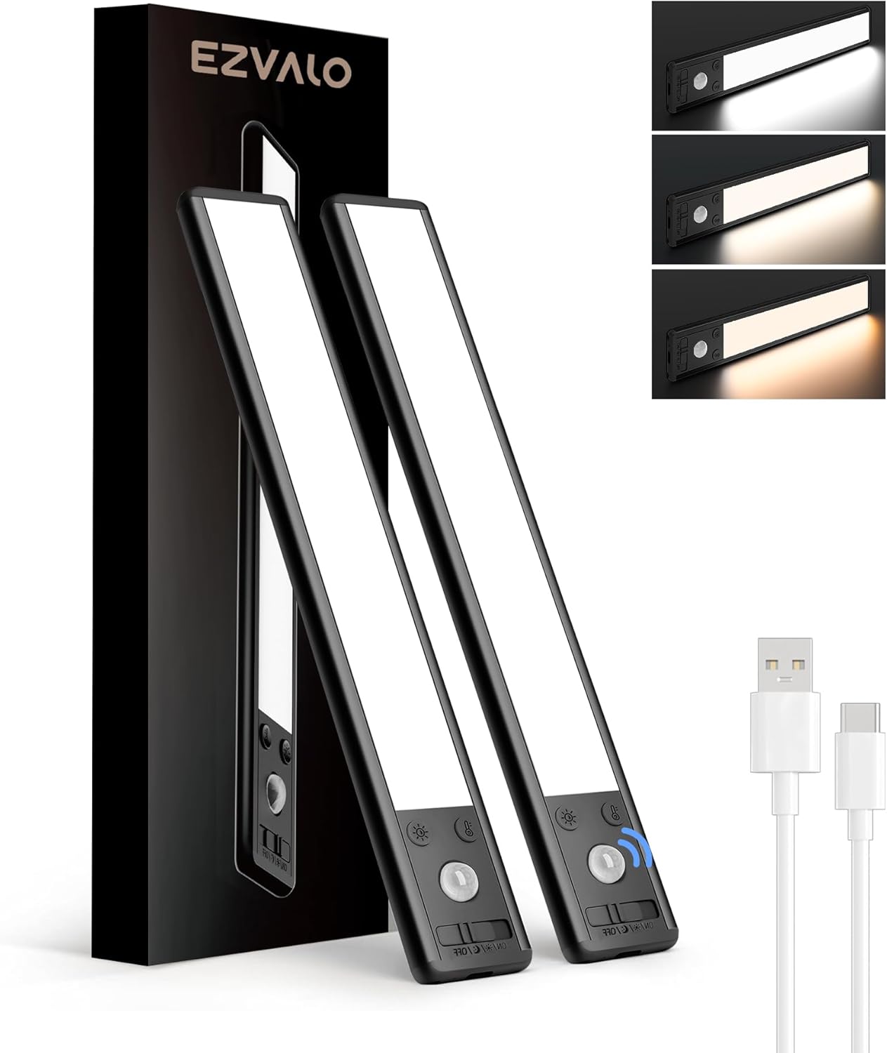 EZVALO 8" Under Cabinet Lighting, 2400mAh USB - C Rechargeable Motion Sensor Light, 3 Color Temps, 5 - Level Dimmable Magnetic Wireless Closet Lights for Kitchen, Pantry, Stairs (2 Pack) - EZVALO