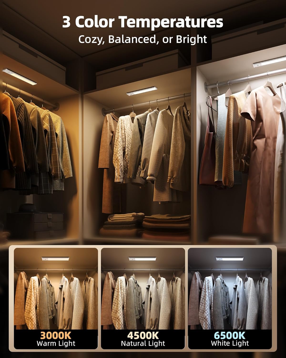 EZVALO 8" Under Cabinet Lighting, 2400mAh USB - C Rechargeable Motion Sensor Light, 3 Color Temps, 5 - Level Dimmable Magnetic Wireless Closet Lights for Kitchen, Pantry, Stairs (2 Pack) - EZVALO