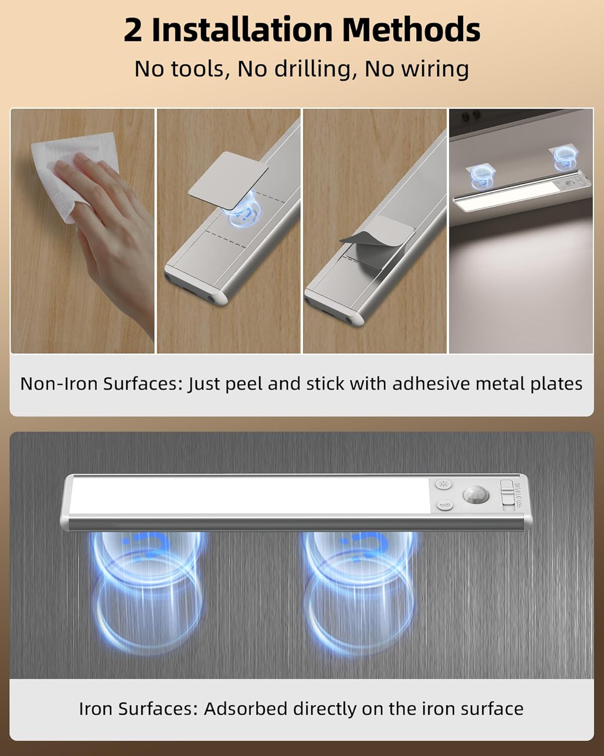 EZVALO 8" Under Cabinet Lighting, 2400mAh USB - C Rechargeable Motion Sensor Light, 3 Color Temps, 5 - Level Dimmable Magnetic Wireless Closet Lights for Kitchen, Pantry, Stairs (2 Pack) - EZVALO