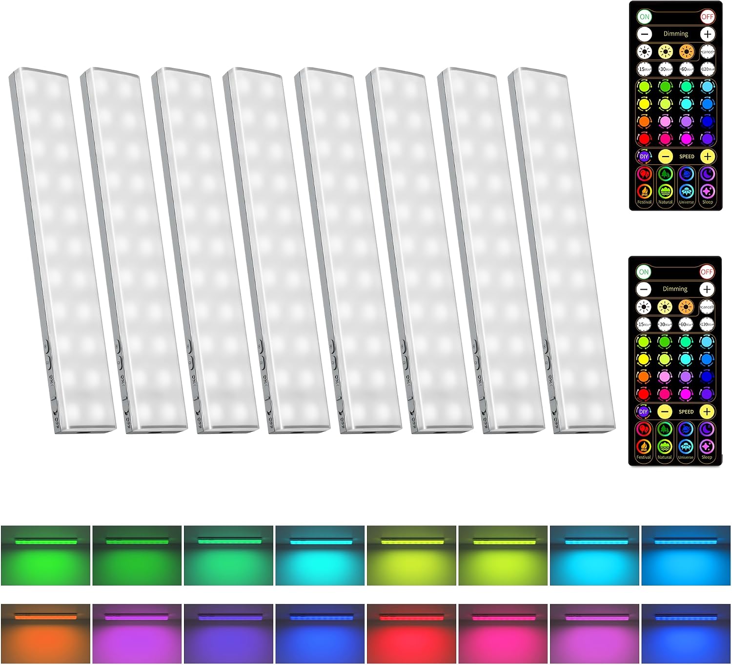 EZVALO 80 RGB Color Changing Under Cabinet Lighting Wireless, 1800mAh Rechargeable Shelf Lights, Magnetic, Timer & Dimmable Bar Light with Remote for Kitchen, Display Case, Cabinet - EZVALO