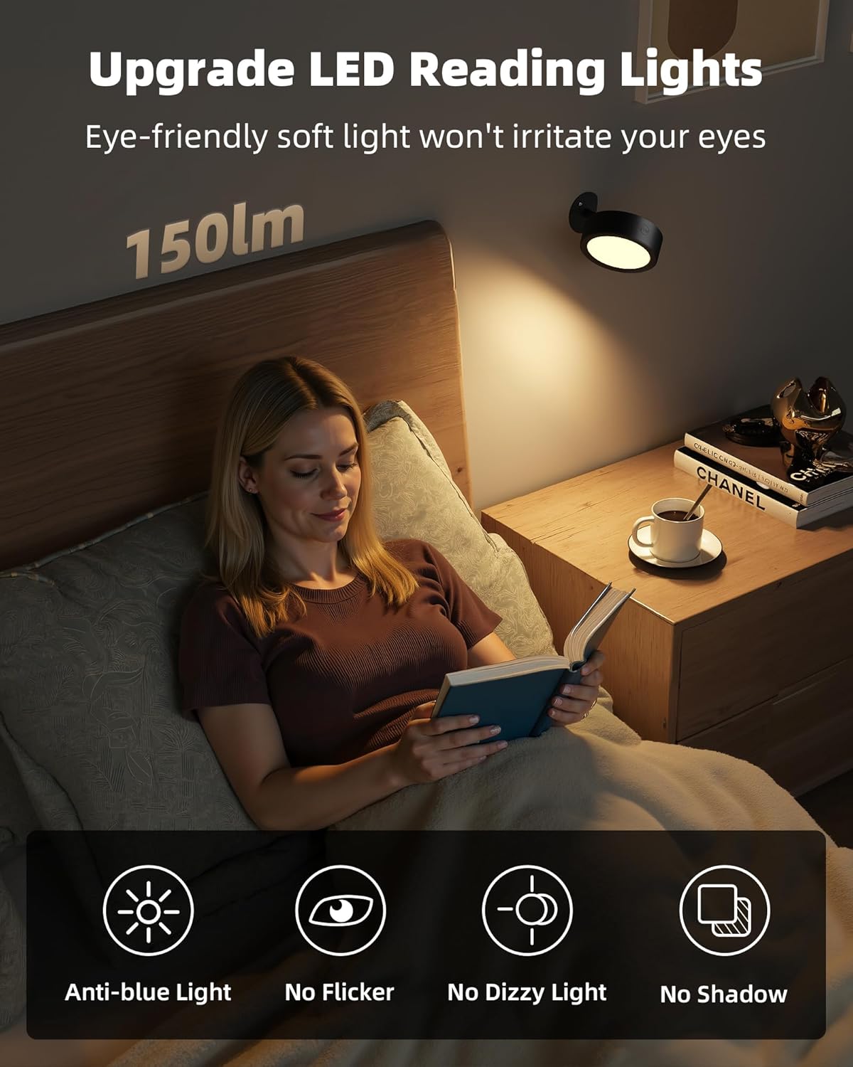 EZVALO LED Wall Mounted Lights, 5500mAh Rechargeable Wall Sconces Lamp, 3 Color Temps & Remote and Touch Control, 360°Rotation Dimmable Cordless Wall Light for Bedroom Reading Study Bedside (2 Pack) - EZVALO