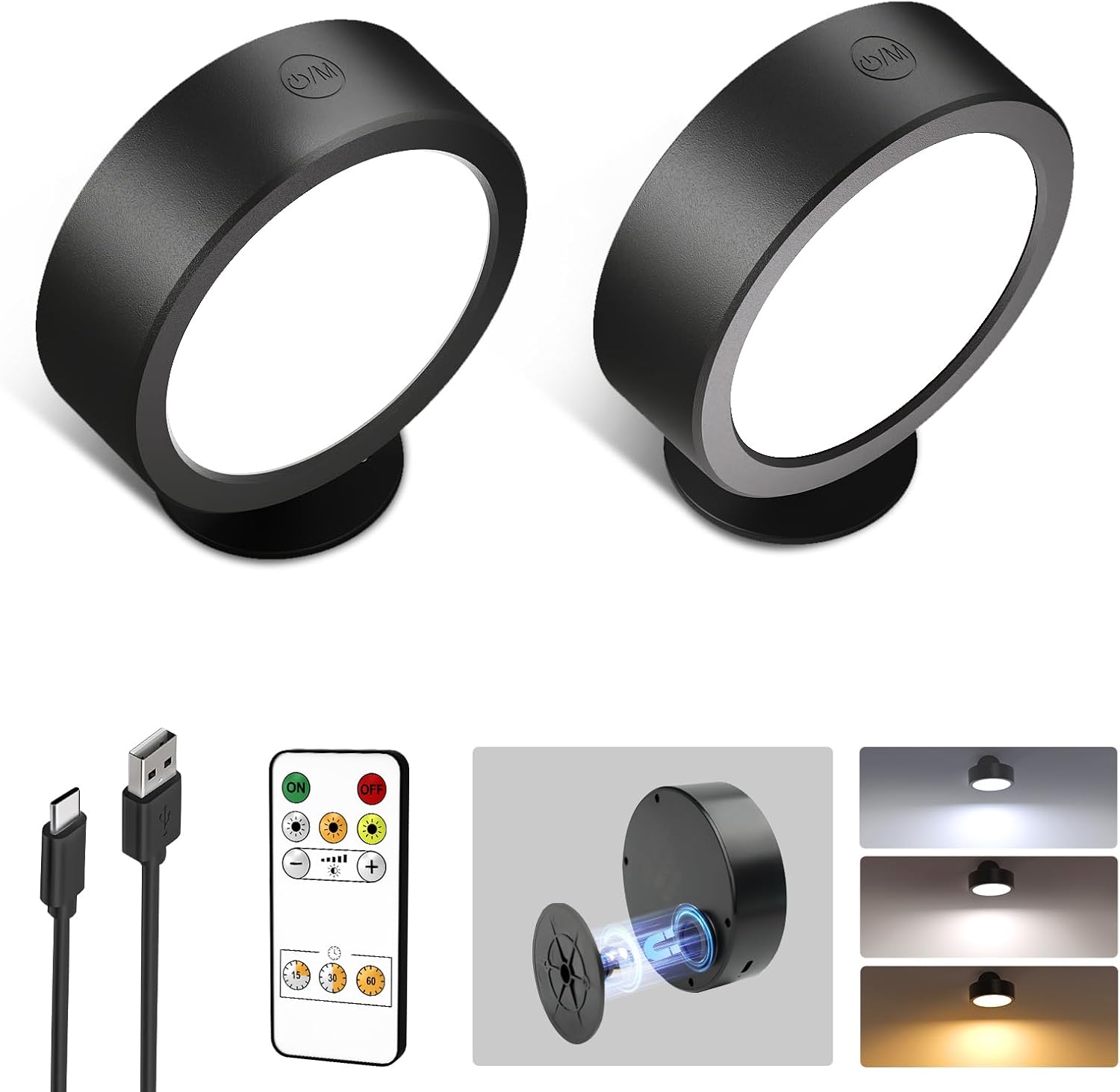 EZVALO LED Wall Mounted Lights, 5500mAh Rechargeable Wall Sconces Lamp, 3 Color Temps & Remote and Touch Control, 360°Rotation Dimmable Cordless Wall Light for Bedroom Reading Study Bedside (2 Pack) - EZVALO