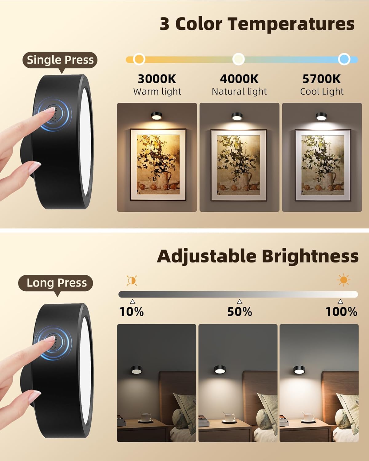 EZVALO LED Wall Mounted Lights, 5500mAh Rechargeable Wall Sconces Lamp, 3 Color Temps & Remote and Touch Control, 360°Rotation Dimmable Cordless Wall Light for Bedroom Reading Study Bedside (2 Pack) - EZVALO
