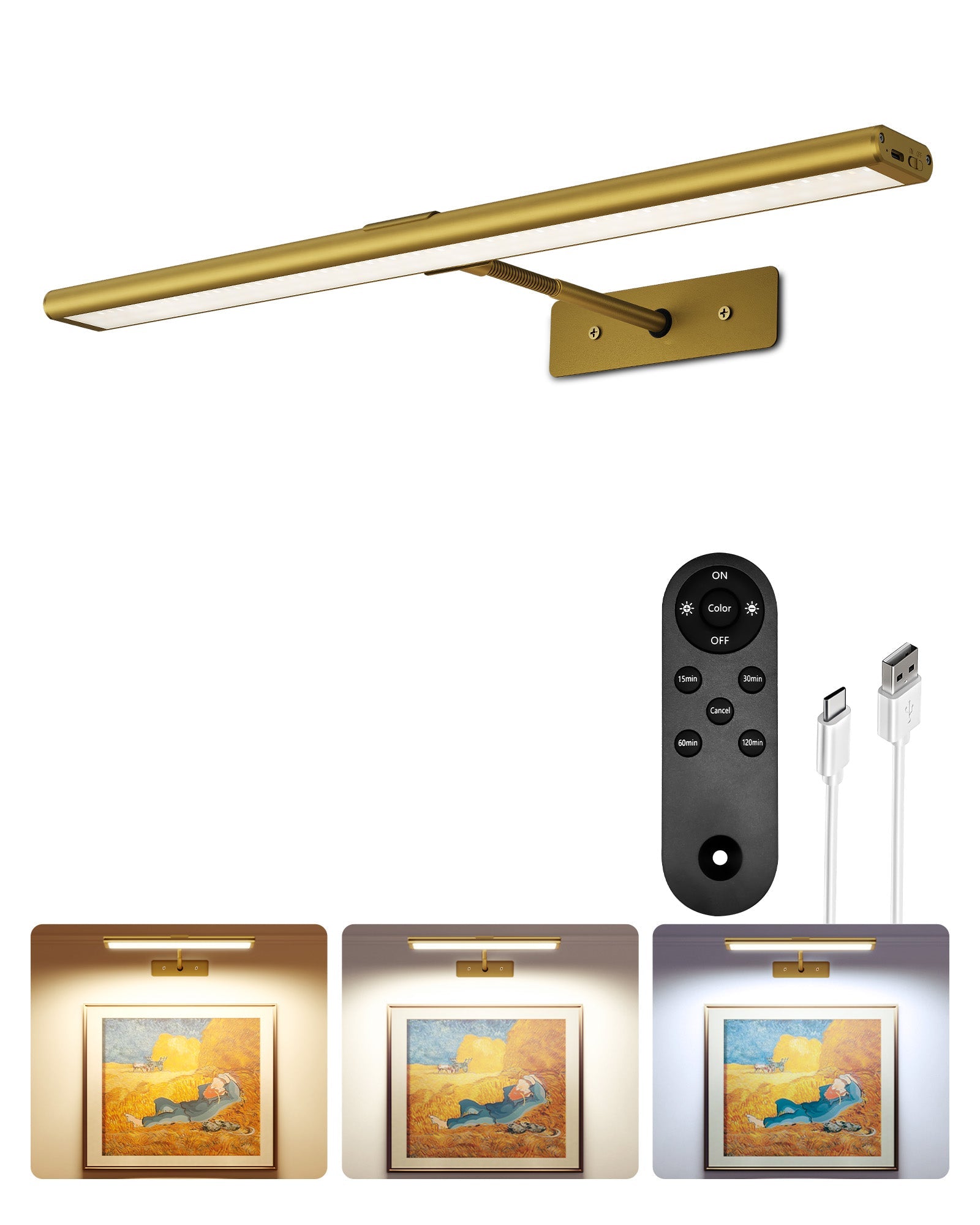 EZVALO Picture Light for Wall, 4800mAh Rechargeable Wireless Lights, 16'' Dimmable with IR Remote Magnetic LED Art Painting Light with 3 Color Temps, Display for Gallery, Living Room, Bedroom(Gold) - EZVALO