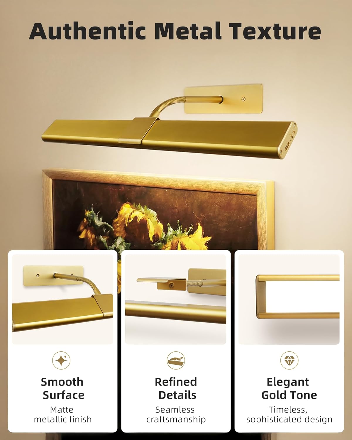 EZVALO Picture Light for Wall, 4800mAh Rechargeable Wireless Lights, 16'' Dimmable with IR Remote Magnetic LED Art Painting Light with 3 Color Temps, Display for Gallery, Living Room, Bedroom(Gold) - EZVALO