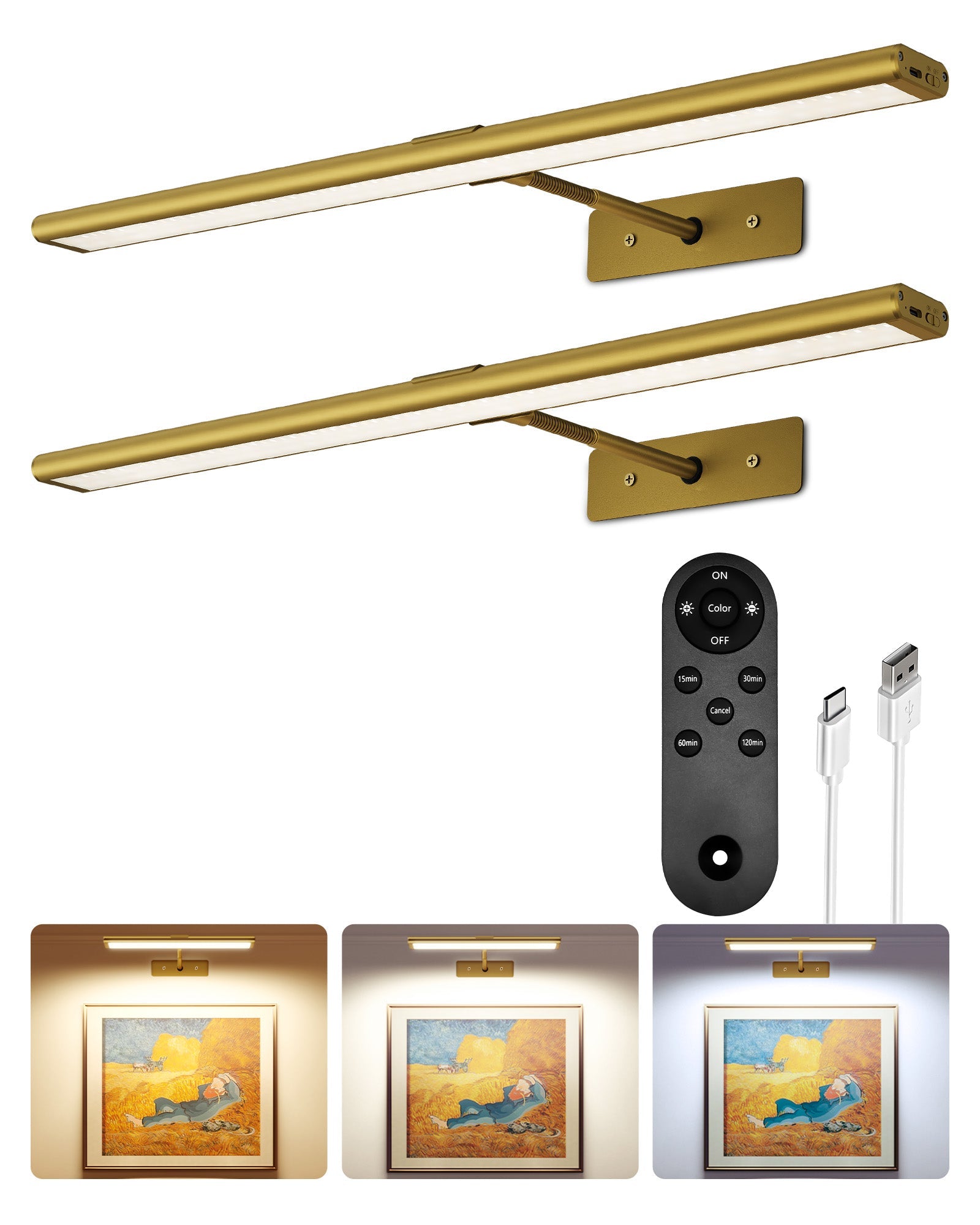 EZVALO Picture Light for Wall, 4800mAh Rechargeable Wireless Lights, 16'' Dimmable with IR Remote Magnetic LED Art Painting Light with 3 Color Temps, Display for Gallery, Living Room, Bedroom(Gold) - EZVALO