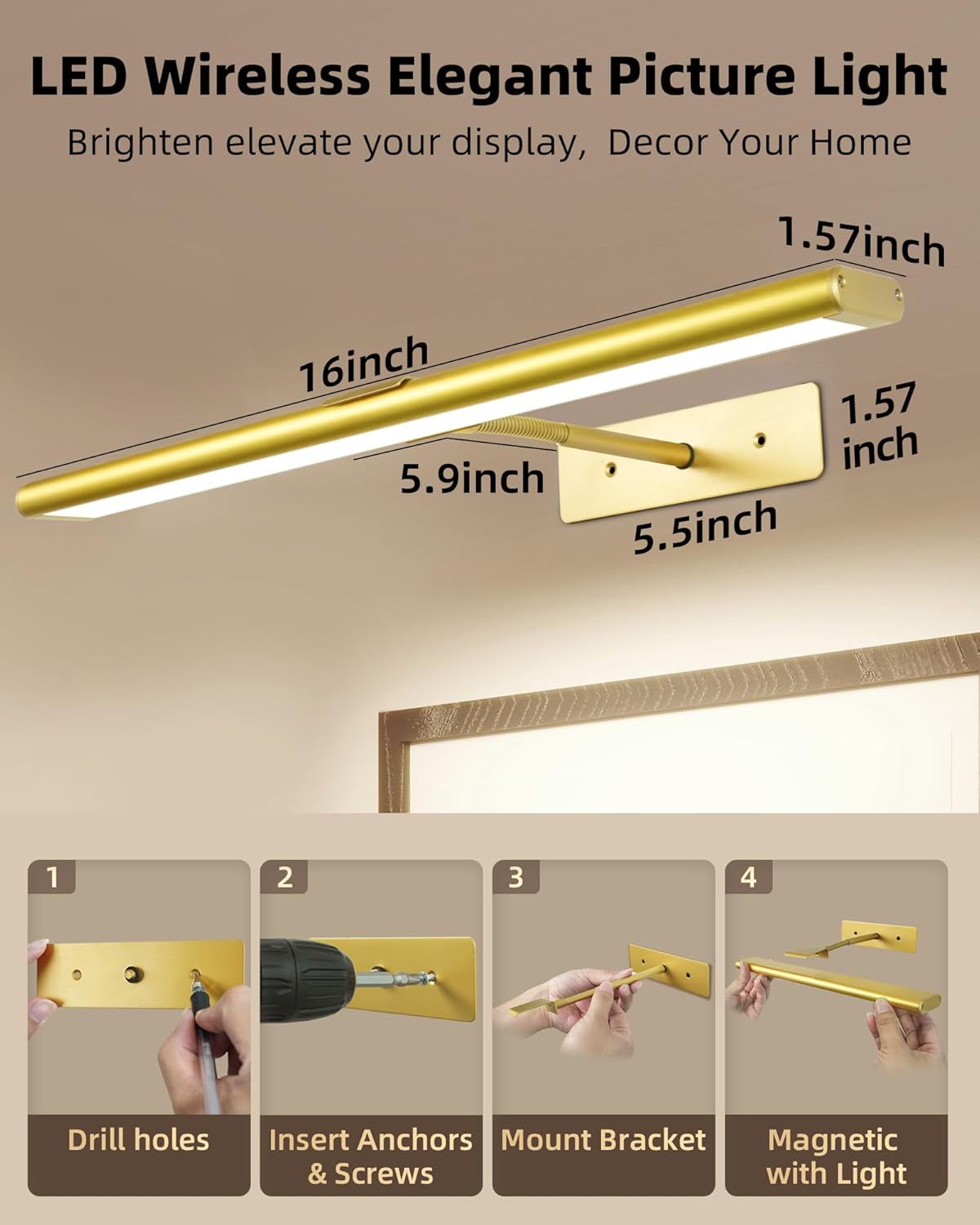 EZVALO Picture Light for Wall, 4800mAh Rechargeable Wireless Lights, 16'' Dimmable with IR Remote Magnetic LED Art Painting Light with 3 Color Temps, Display for Gallery, Living Room, Bedroom(Gold) - EZVALO