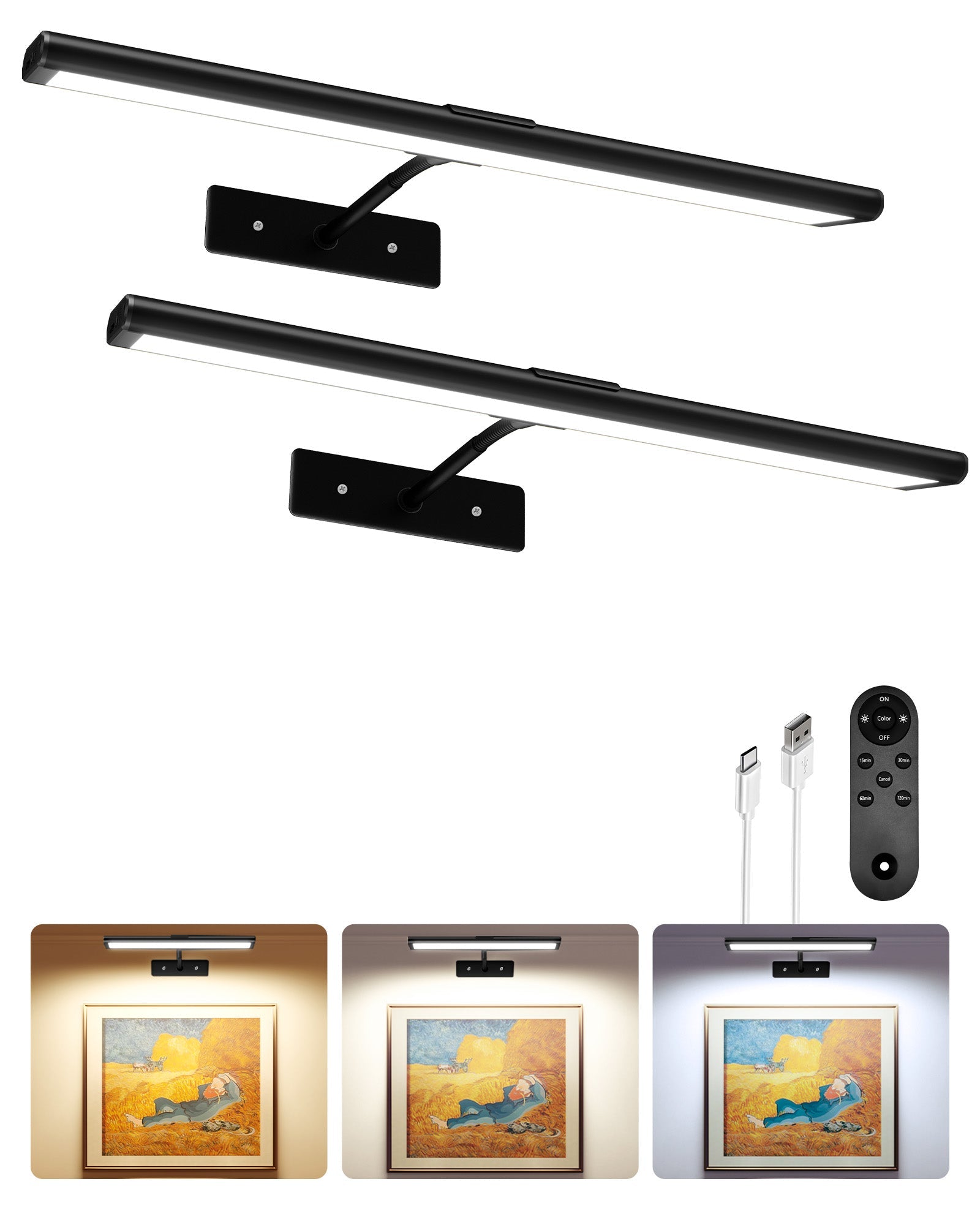 EZVALO Picture Light for Wall, 4800mAh Rechargeable Wireless Lights, 16'' Dimmable with IR Remote Magnetic LED Art Painting Light with 3 Color Temps, Display for Gallery, Living Room, Bedroom(Gold) - EZVALO