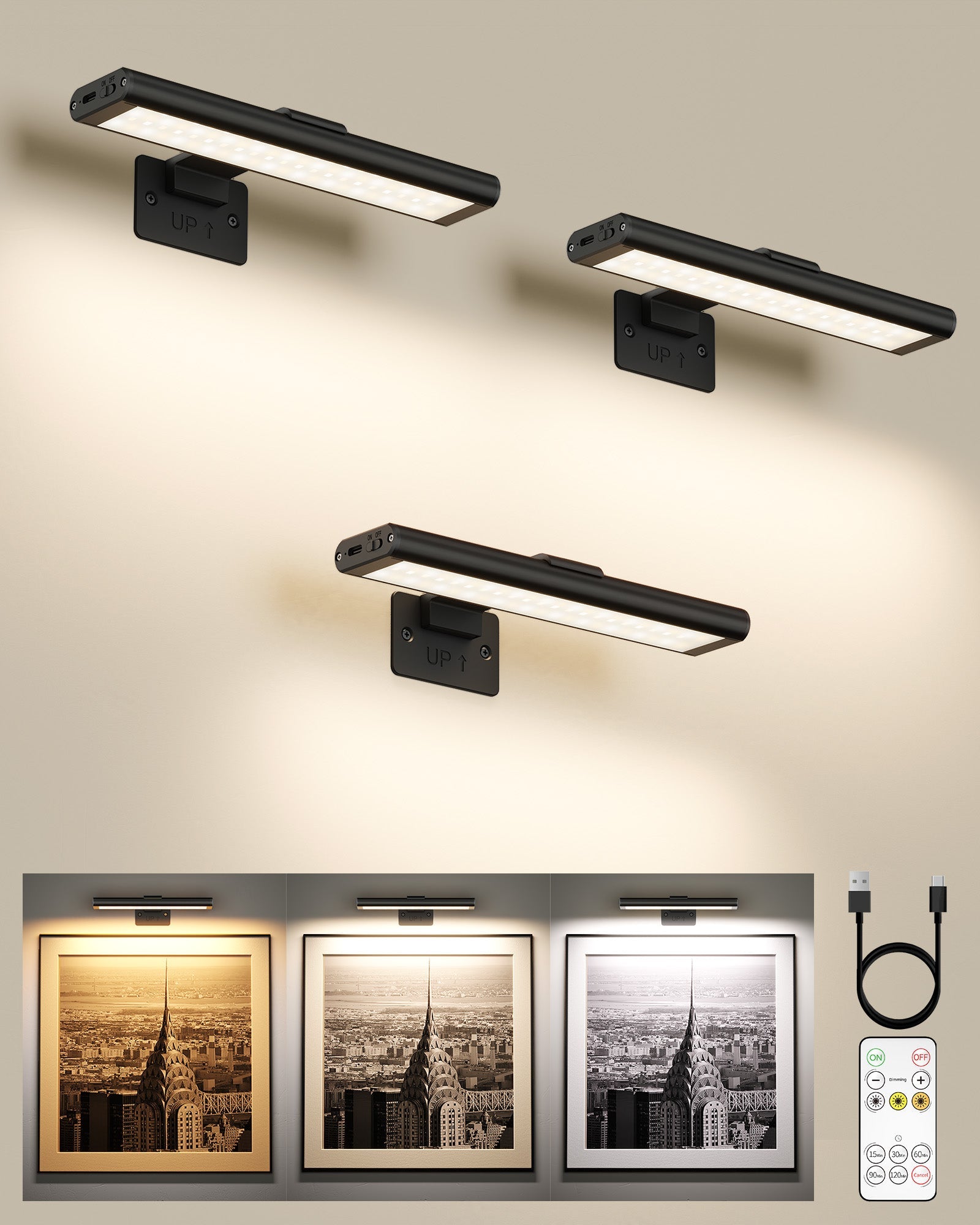 EZVALO Picture Light for Wall, Rechargeable 2400mAh Battery Lights Wireless with IR Remote, 3 Color & Dimmable Magnetic 7.8'' LED Lights Display for Painting, Living Room, Gallery, Bedroom(Black - 3P) - EZVALO