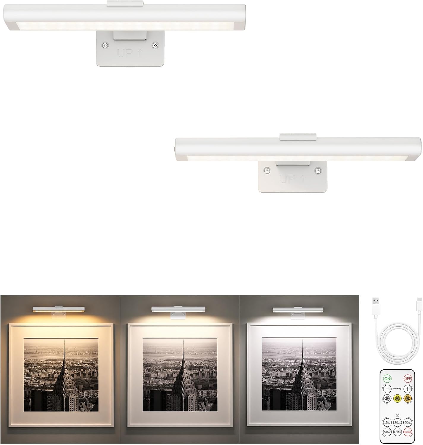 EZVALO Picture Light for Wall, Rechargeable 2400mAh Battery Lights Wireless with IR Remote, 3 Color & Dimmable Magnetic 7.8'' LED Lights Display for Painting, Living Room, Gallery, Bedroom - EZVALO