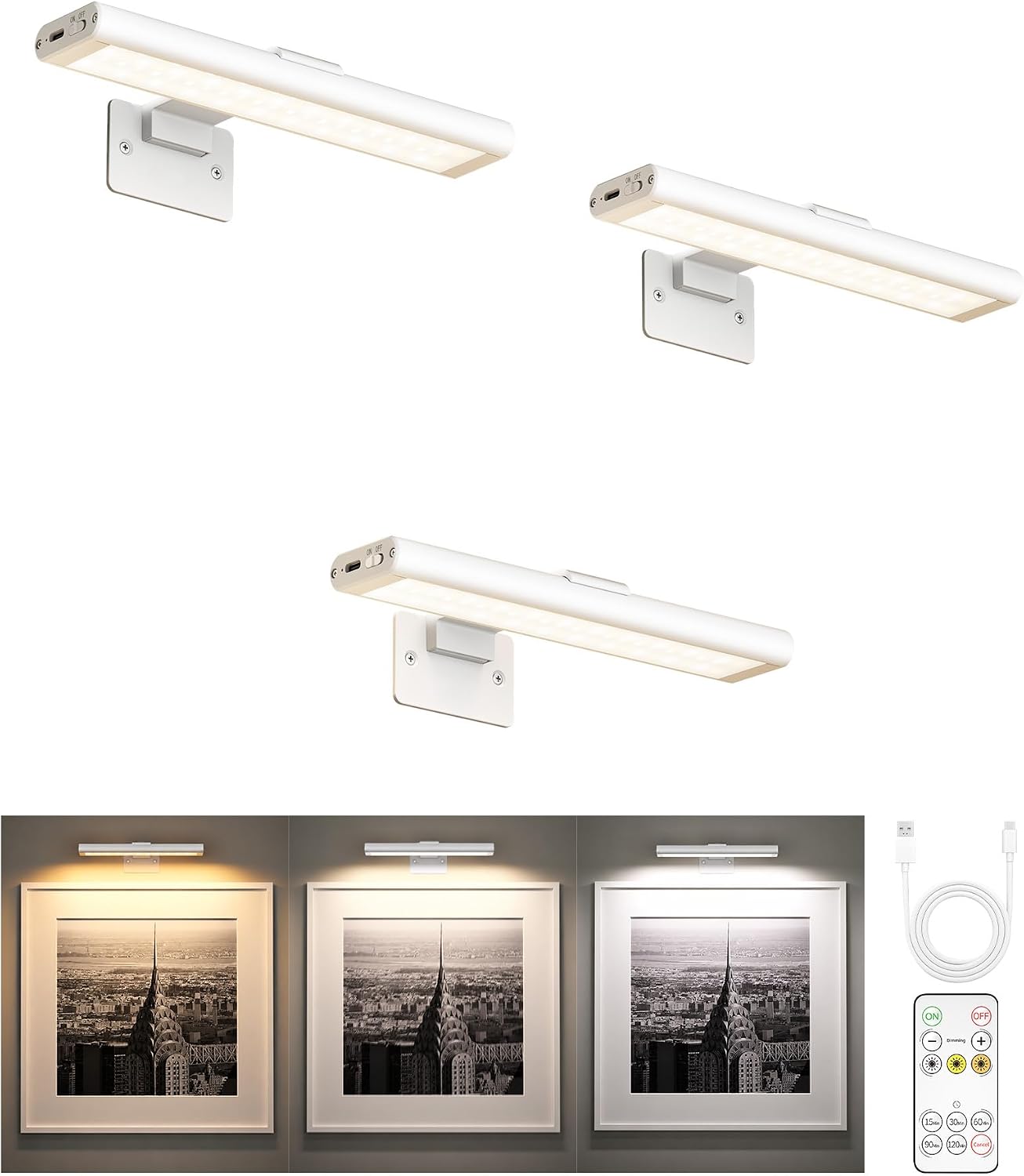 EZVALO Picture Light for Wall, Rechargeable 2400mAh Battery Lights Wireless with IR Remote, 3 Color & Dimmable Magnetic 7.8'' LED Lights Display for Painting, Living Room, Gallery, Bedroom - EZVALO