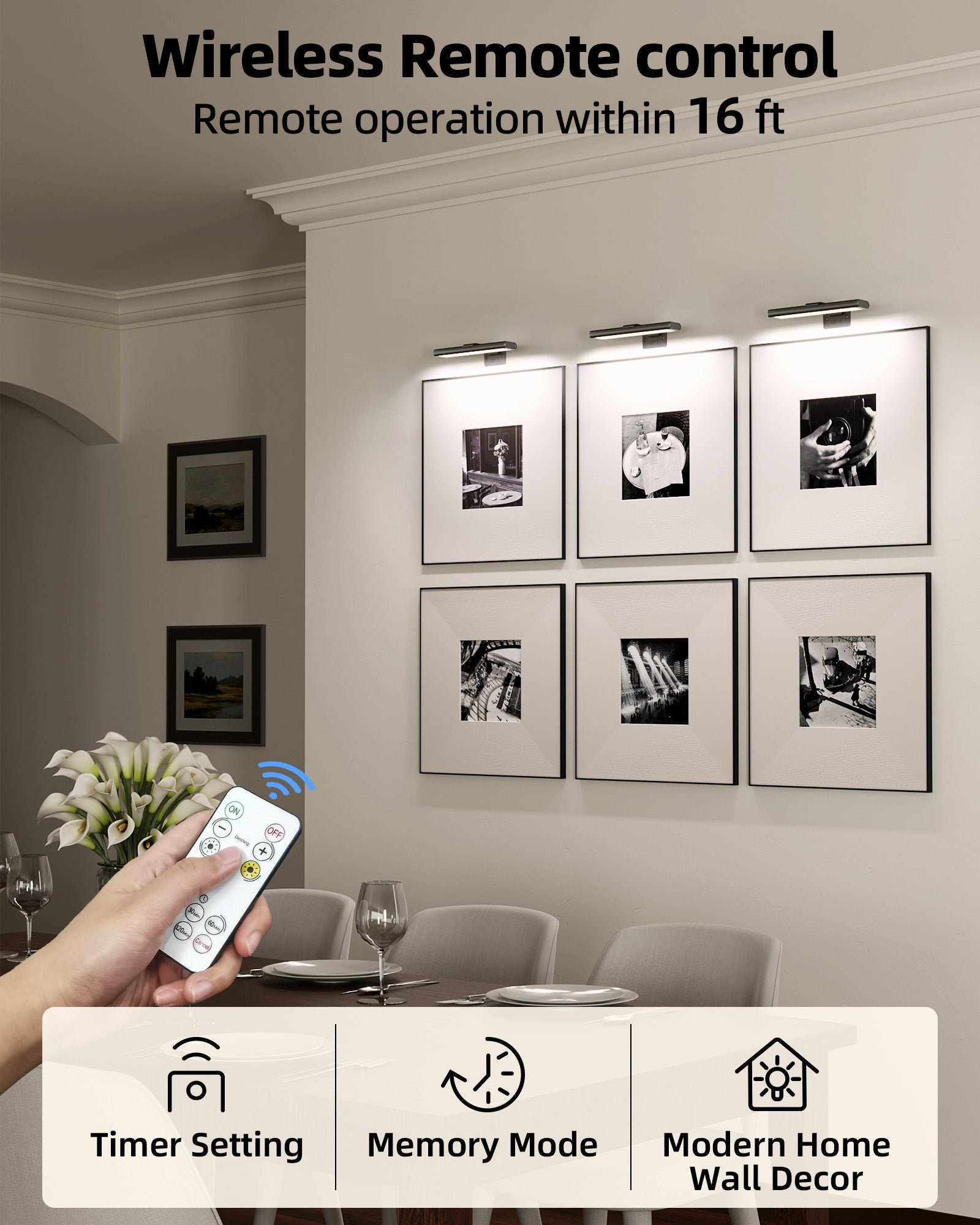 EZVALO Picture Light for Wall, Rechargeable 2400mAh Battery Lights Wireless with IR Remote, 3 Color & Dimmable Magnetic 7.8'' LED Lights Display for Painting, Living Room, Gallery, Bedroom(Black - 3P) - EZVALO