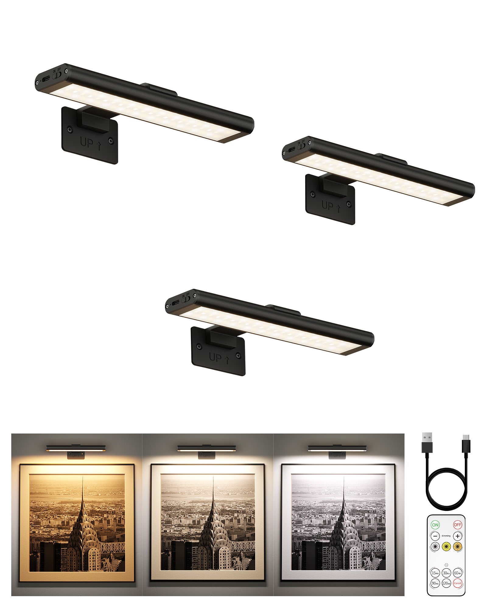 EZVALO Picture Light for Wall, Rechargeable 2400mAh Battery Lights Wireless with IR Remote, 3 Color & Dimmable Magnetic 7.8'' LED Lights Display for Painting, Living Room, Gallery, Bedroom(Black - 3P) - EZVALO