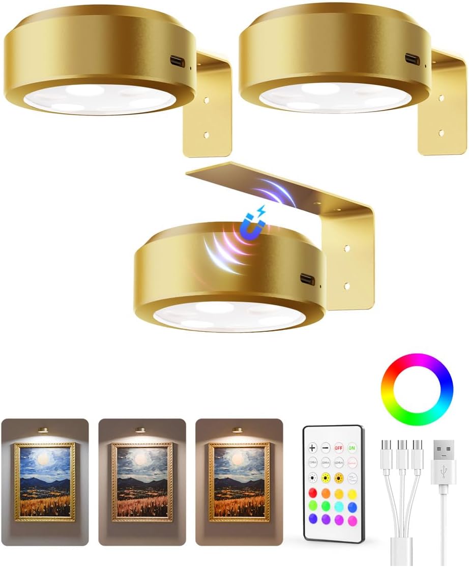 EZVALO Picture Lights for Wall, 2000mAh Rechargeable Battery Magnetic Poster Lights with 3 Color Temps & 12 RGB, Remote Dimmable Timer Painting Light, Wall Decor Light for Art Display, Frame (3 Pack) - EZVALO
