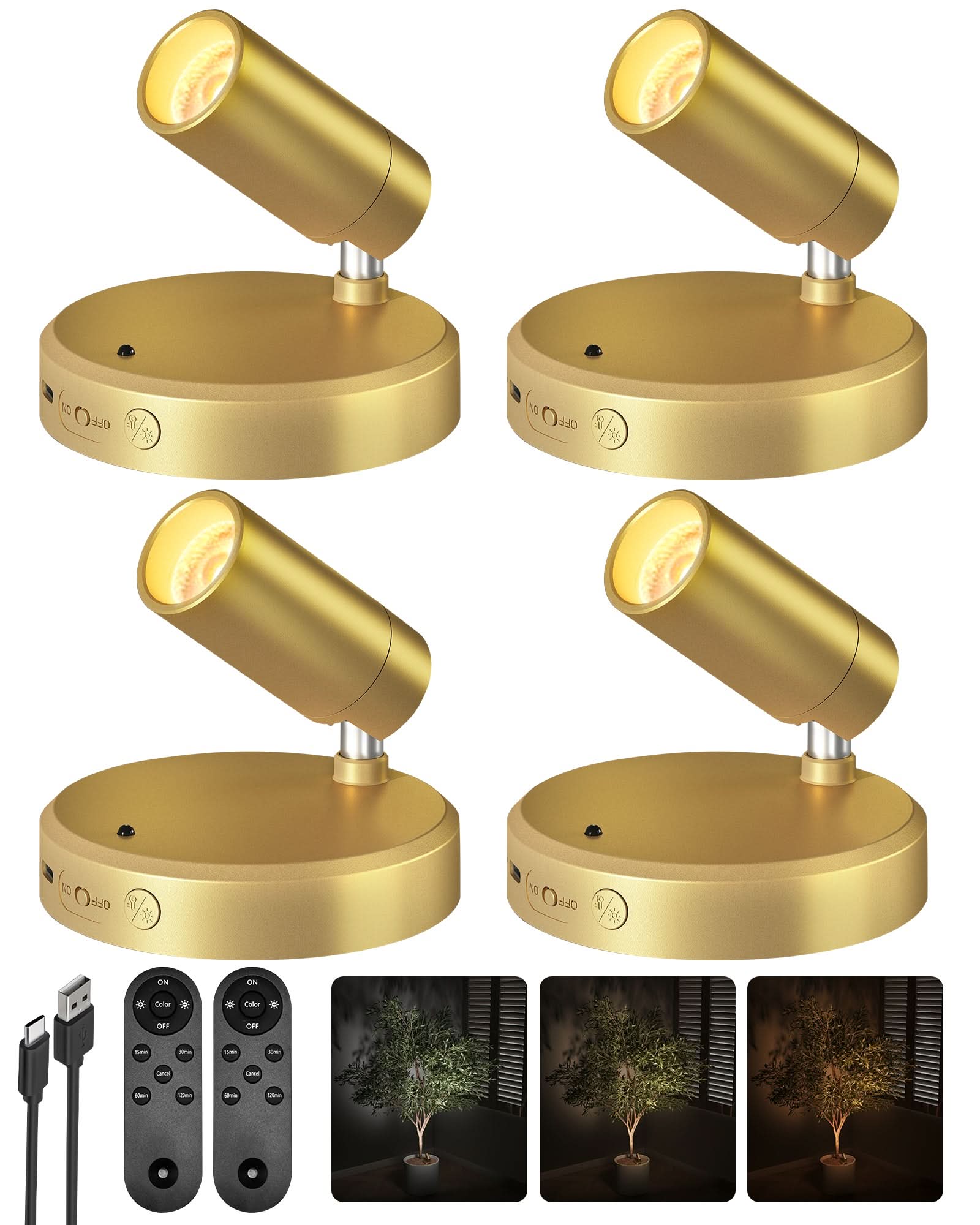 EZVALO Spotlights Indoor with Remote, 5500mAh Rechargeable Picture Lights, Wireless LED Uplighting with Timer&Dimmable, 3CCT, Display Lights for Plant Painting, Artwork, Accent Lighting (2Pack - Black) - EZVALO