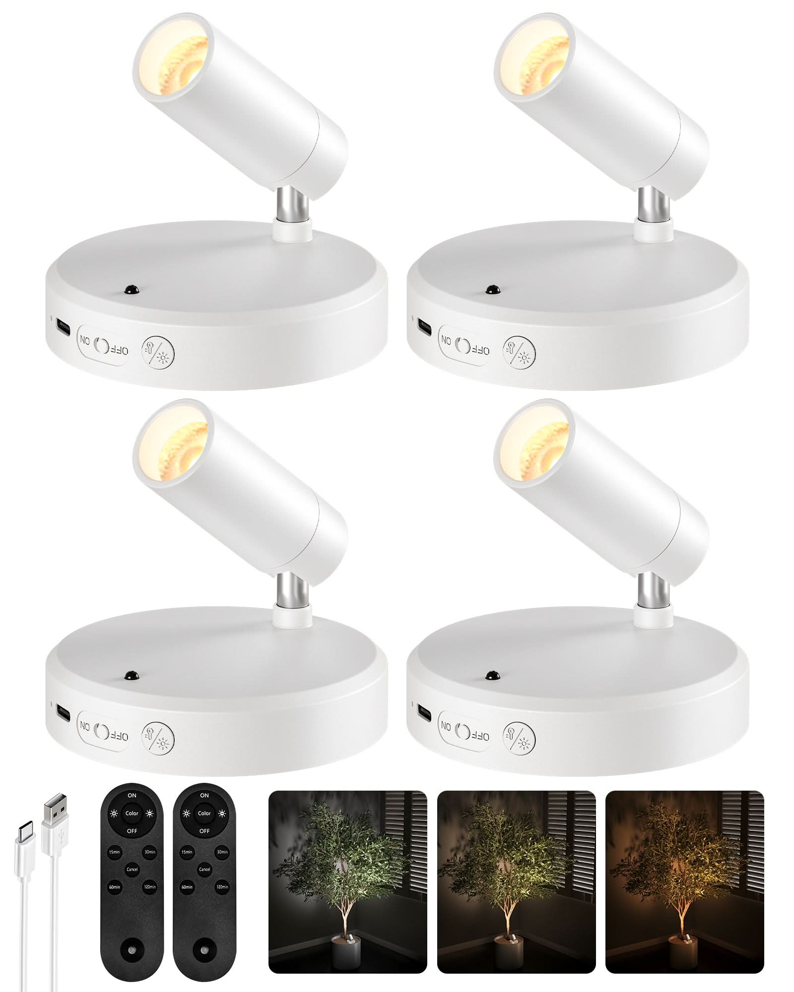 EZVALO Spotlights Indoor with Remote, 5500mAh Rechargeable Picture Lights, Wireless LED Uplighting with Timer&Dimmable, 3CCT, Display Lights for Plant Painting, Artwork, Accent Lighting (2Pack - Black) - EZVALO