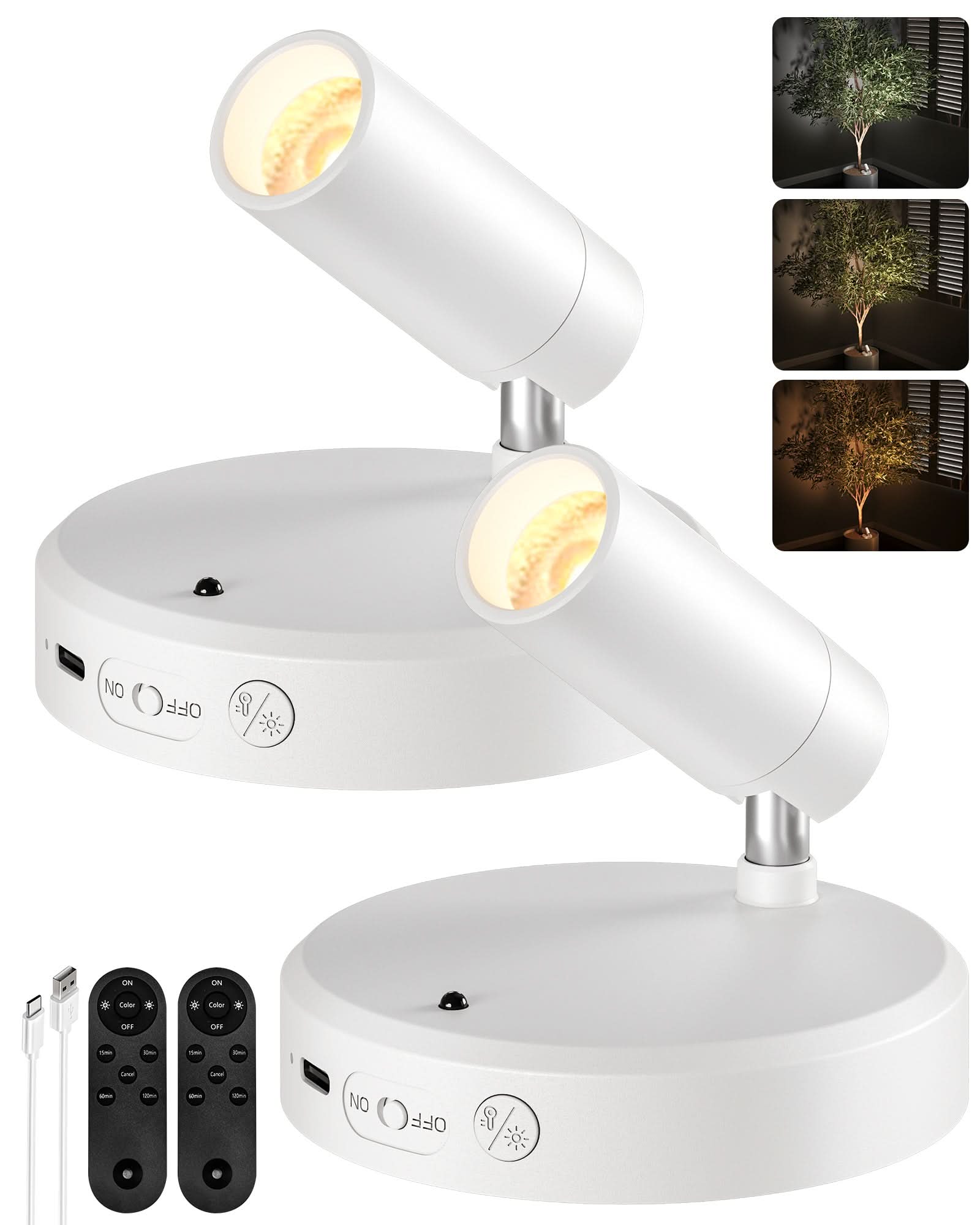 EZVALO Spotlights Indoor with Remote, 5500mAh Rechargeable Picture Lights, Wireless LED Uplighting with Timer&Dimmable, 3CCT, Display Lights for Plant Painting, Artwork, Accent Lighting (2Pack - Black) - EZVALO