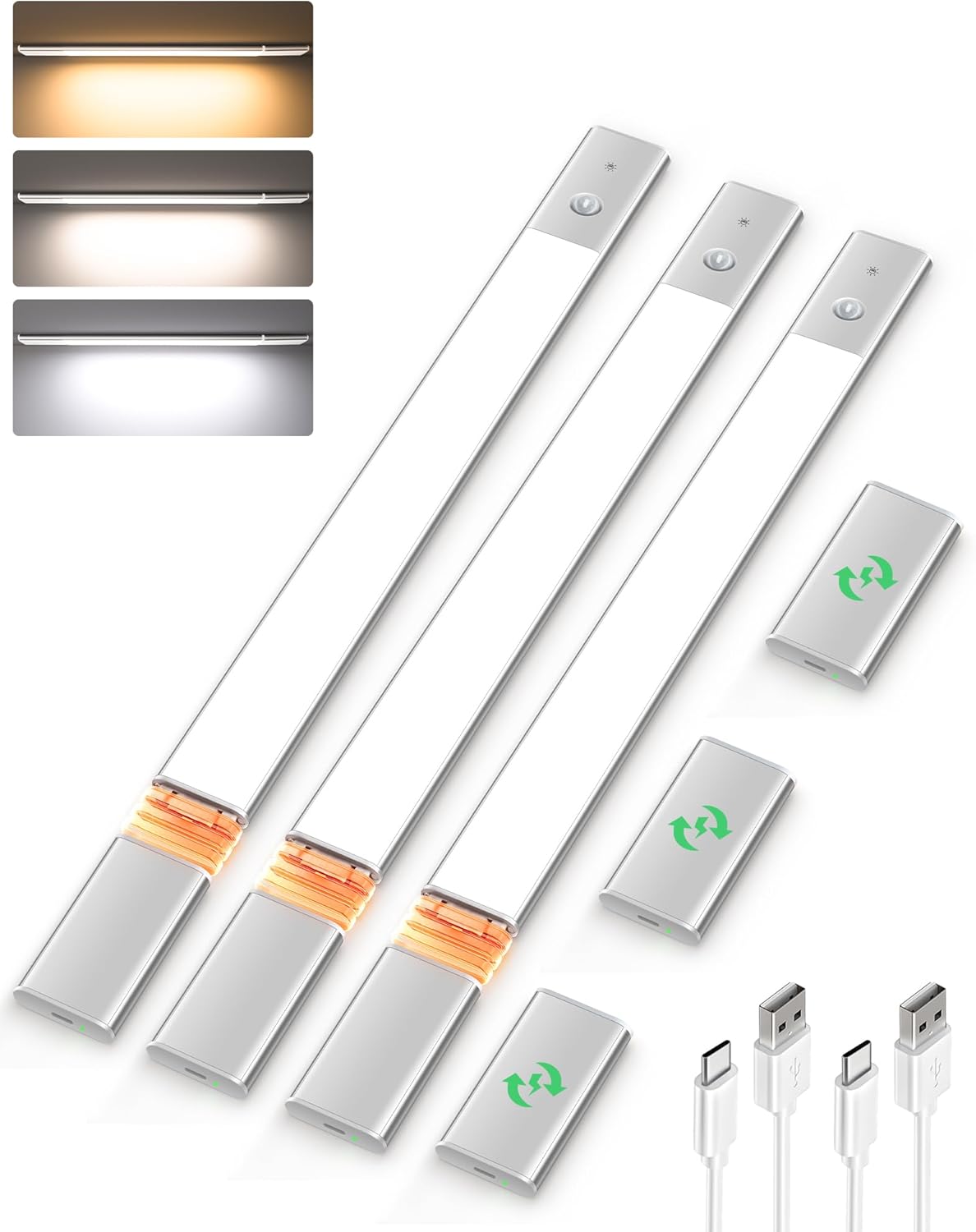 EZVALO Under Cabinet Lighting, 2200mAh Closet Lights with 2 Extra Batteries, 3 Color Temps Motion Sensor Lights Indoor, LED Lights for Closet, Pantry, Kitchen - EZVALO