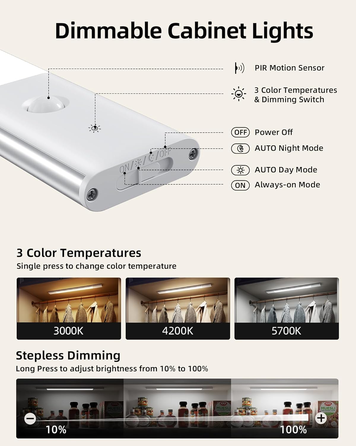 EZVALO Under Cabinet Lighting, 2200mAh Closet Lights with 2 Extra Batteries, 3 Color Temps Motion Sensor Lights Indoor, LED Lights for Closet, Pantry, Kitchen - EZVALO