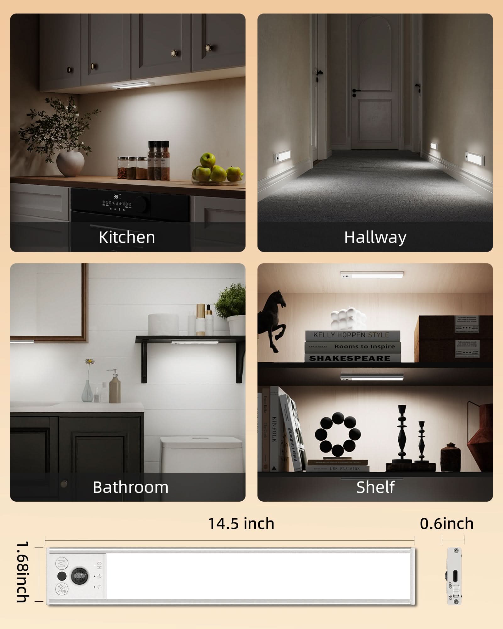 EZVALO Under Cabinet Lighting, LED Motion Sensor Closet Lights Indoor, 4000mAh, Dimmable Rechargeable Magnetic Stick On Lights, Under Counter Lights for Kitchen, Pantry, Stairs - 2 Pack - EZVALO