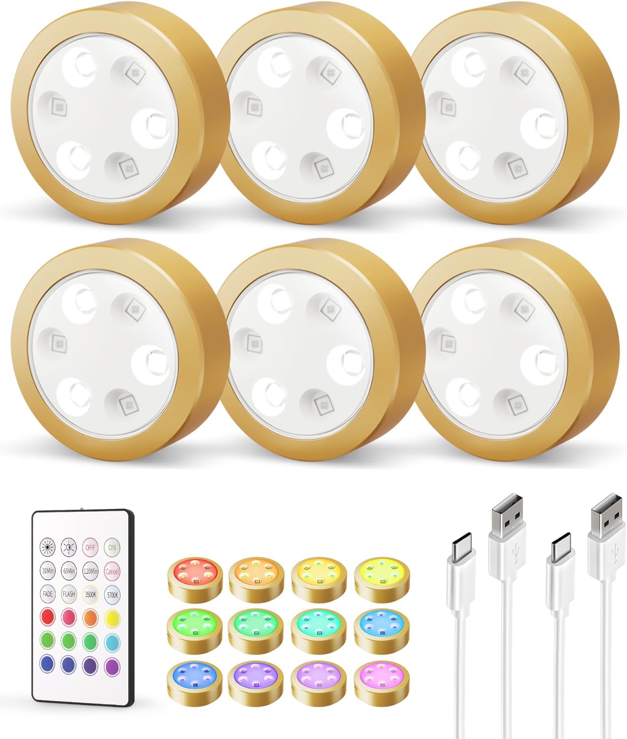 Puck Lights with Remote, 14 Colors Changeable RGB LED Under Cabinet Lighting, 1200mAh Rechargeable Under Cabinet Lights, Tap Light, Stick on Lights for Kitchen, Counter, Closet - EZVALO