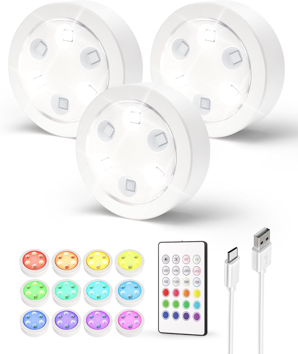 Puck Lights with Remote, 14 Colors Changeable RGB LED Under Cabinet Lighting, 1200mAh Rechargeable Under Cabinet Lights, Tap Light, Stick on Lights for Kitchen, Counter, Closet - EZVALO